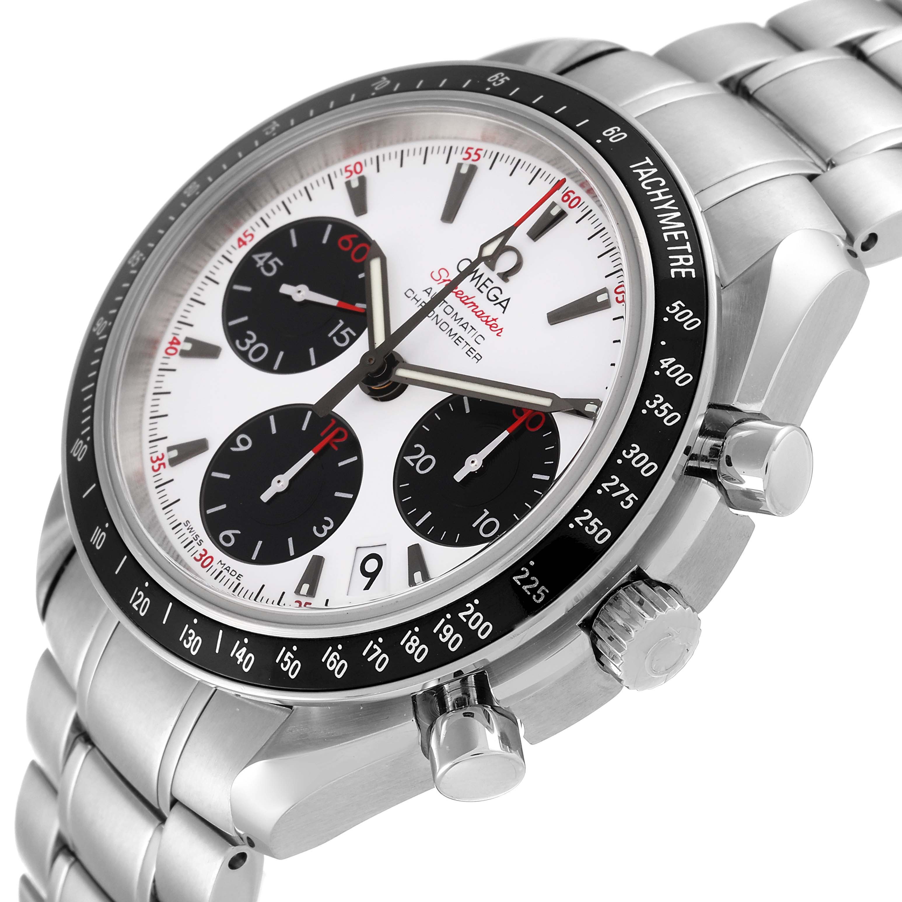 The image shows an angled view of the Omega Speedmaster 323.30.40.40.04.001 Men's Stainless Steel White Dial 323.30.40.40.04.001 Men's Stainless Steel White Dial watch, highlighting the face, bezel, and side buttons.