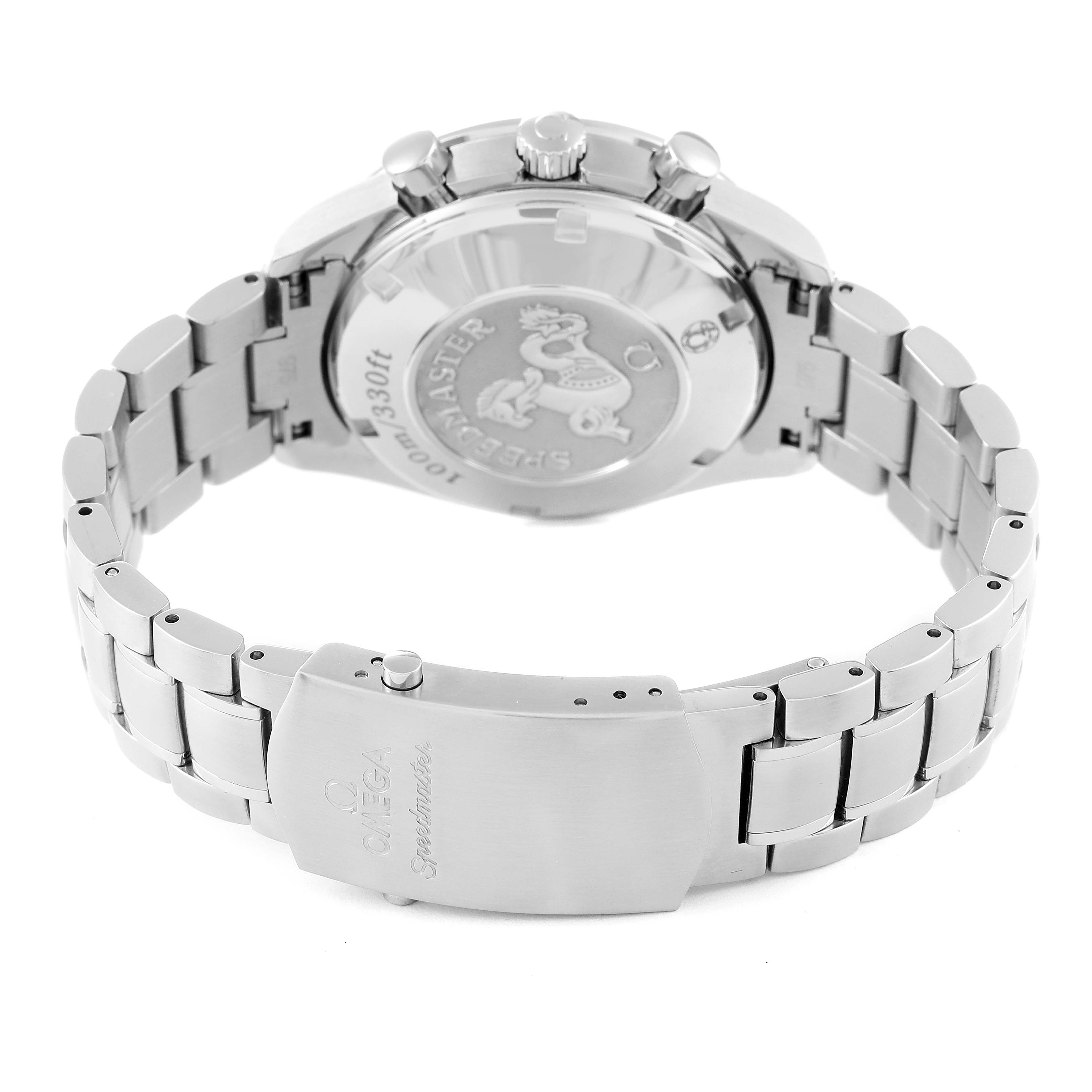 The image shows the back case and bracelet of an Omega Speedmaster 323.30.40.40.04.001 Men's Stainless Steel White Dial 323.30.40.40.04.001 Men's Stainless Steel White Dial watch, highlighting its metal band and engraved case back.