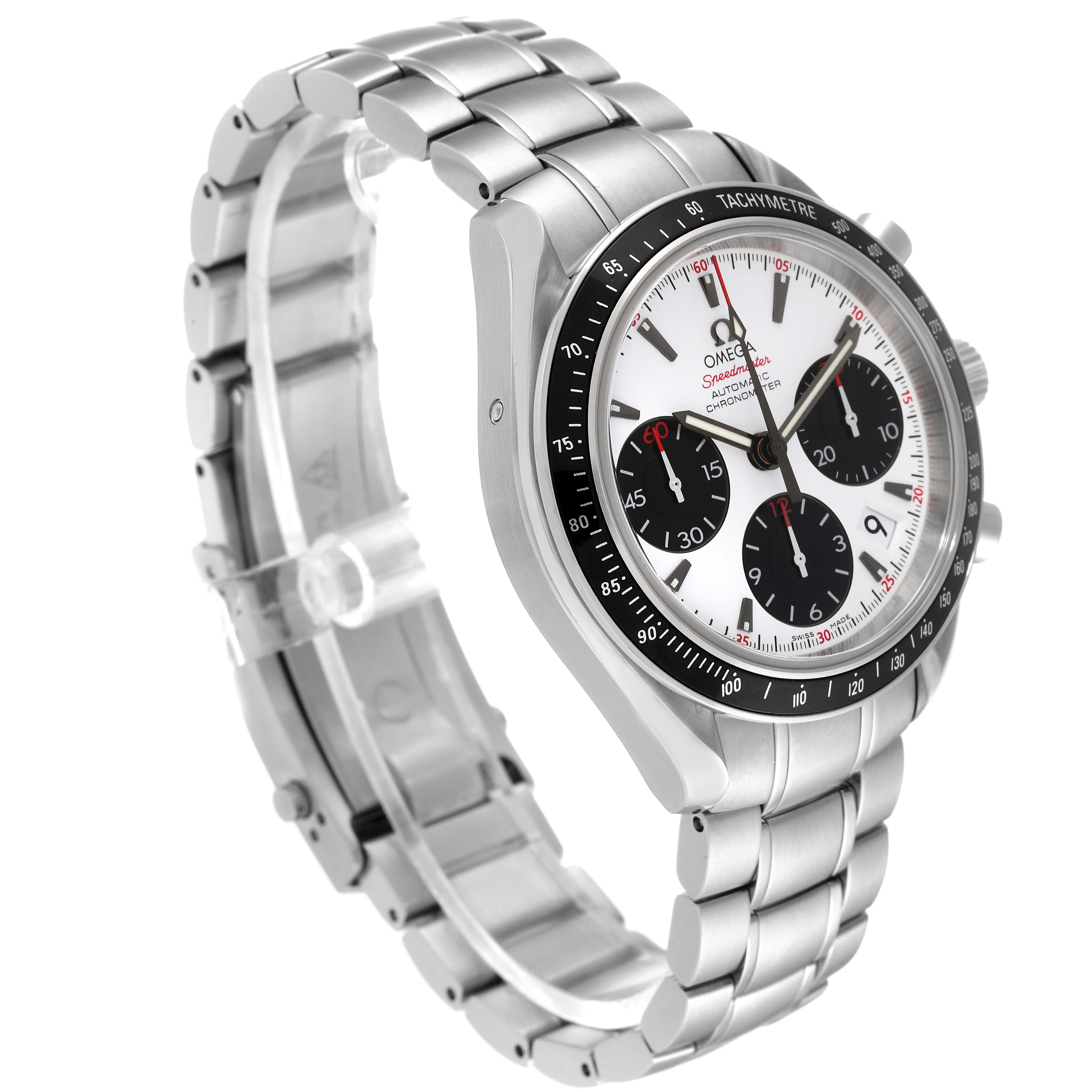 The Omega Speedmaster 323.30.40.40.04.001 Men's Stainless Steel White Dial 323.30.40.40.04.001 Men's Stainless Steel White Dial watch is shown at a three-quarter angle, highlighting its face, bezel, buttons, and stainless steel strap.