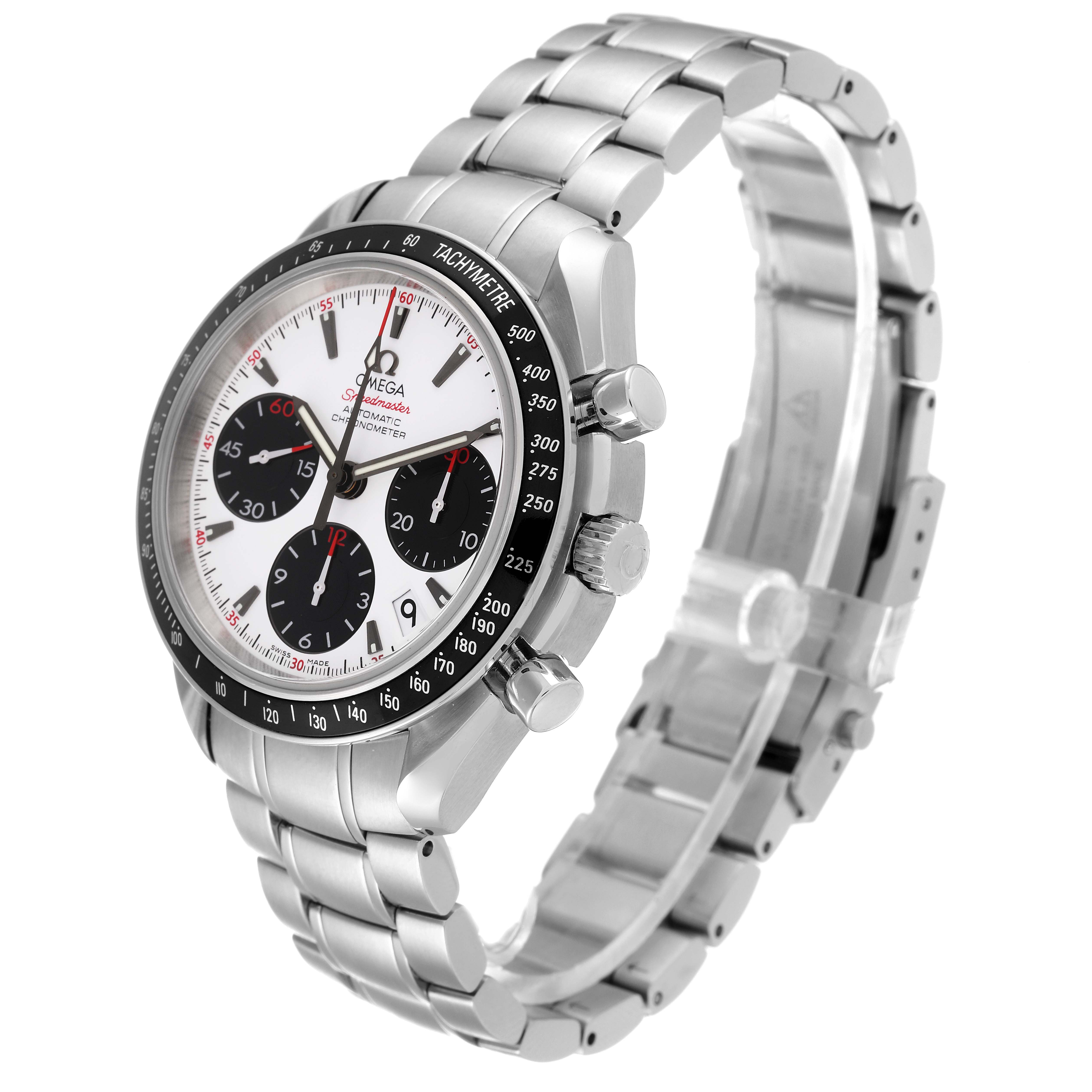 This image shows an Omega Speedmaster 323.30.40.40.04.001 Men's Stainless Steel White Dial 323.30.40.40.04.001 Men's Stainless Steel White Dial watch with a stainless steel bracelet from a three-quarter angle.