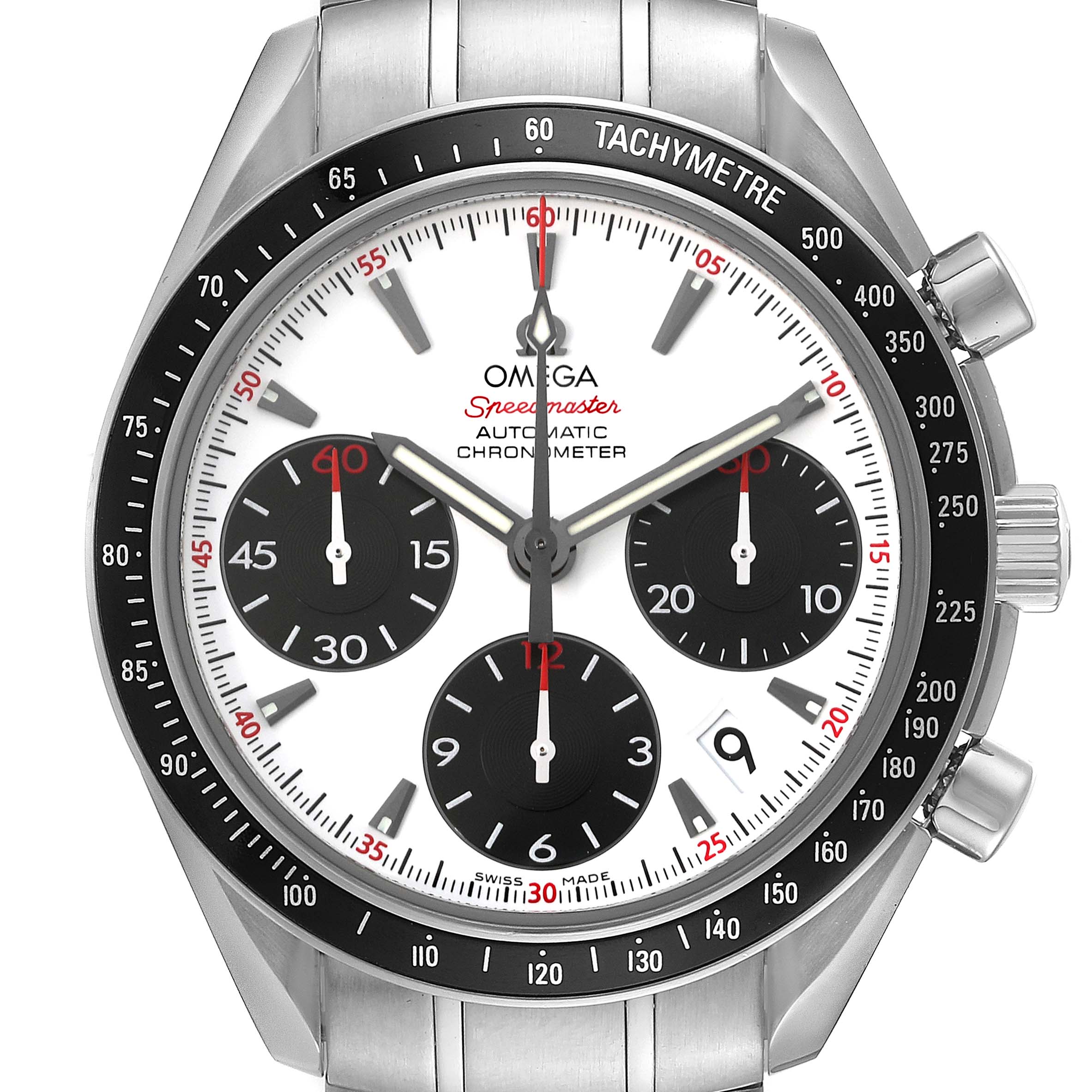 The image shows a front view of the Omega Speedmaster 323.30.40.40.04.001 Men's Stainless Steel White Dial 323.30.40.40.04.001 Men's Stainless Steel White Dial watch, highlighting its dial, tachymeter bezel, and chronograph subdials.