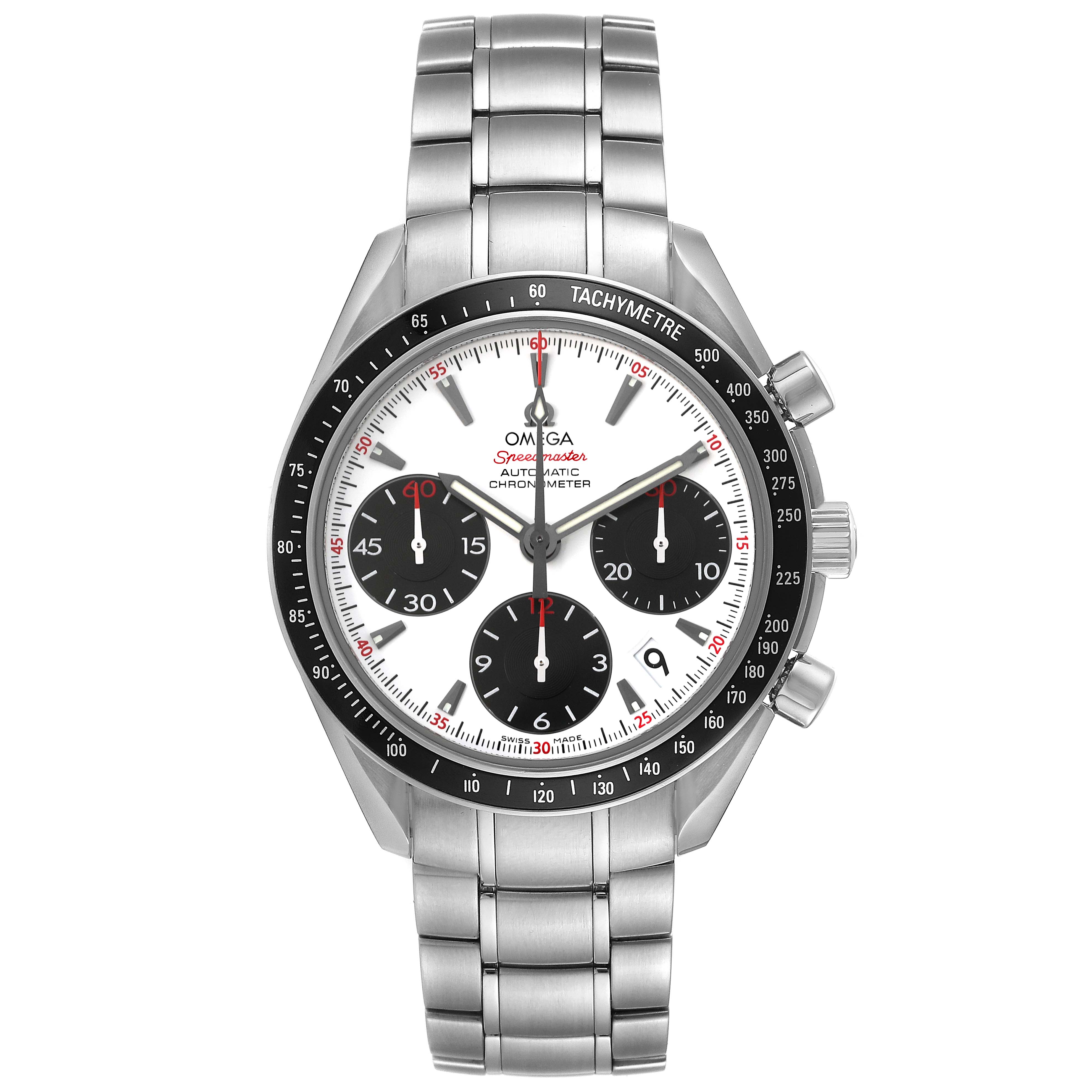 This is a front view of an Omega Speedmaster 323.30.40.40.04.001 Men's Stainless Steel White Dial 323.30.40.40.04.001 Men's Stainless Steel White Dial watch, showing the dial, subdials, bezel, crown, and stainless steel bracelet.
