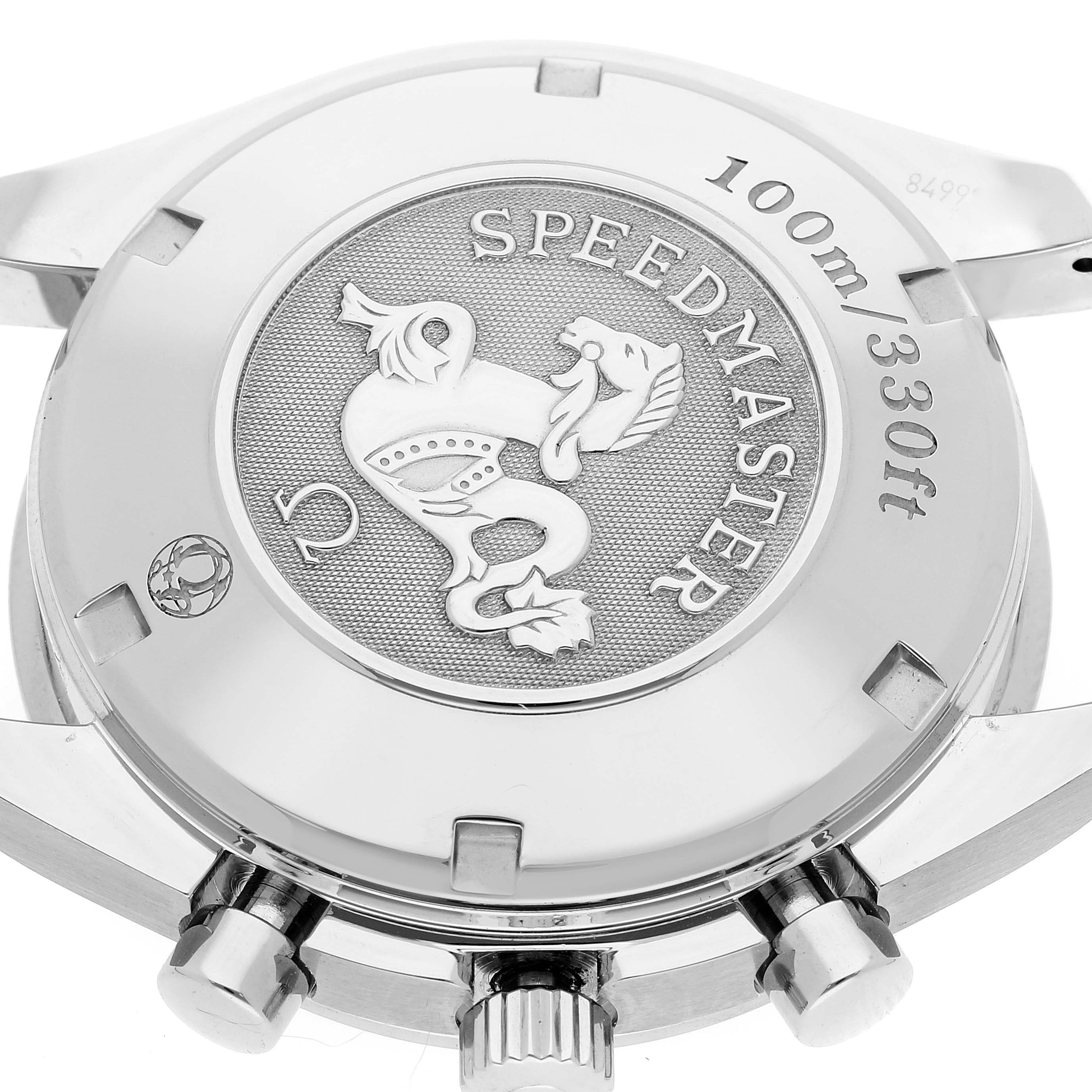 The image shows the back case of an Omega Speedmaster 323.30.40.40.04.001 Men's Stainless Steel White Dial 323.30.40.40.04.001 Men's Stainless Steel White Dial watch, highlighting the 100m/330ft water resistance mark and watch engravings.