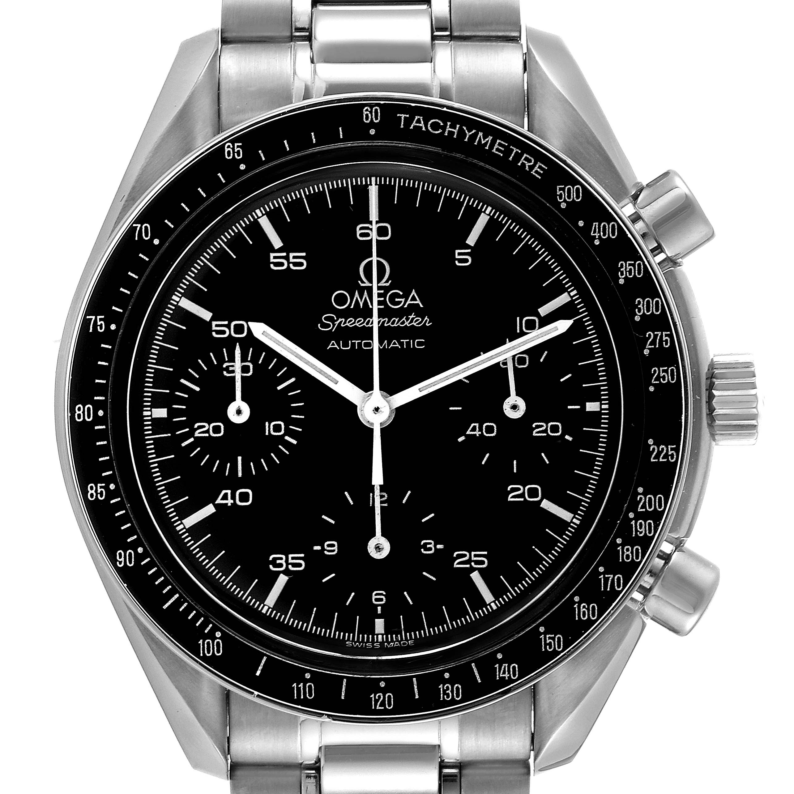 The Omega Speedmaster 3510.50.00 Men's Stainless Steel Black Dial 3510.50.00 Men's Stainless Steel Black Dial is shown from the front, displaying its black dial, chronograph subdials, tachymeter bezel, and stainless steel bracelet.