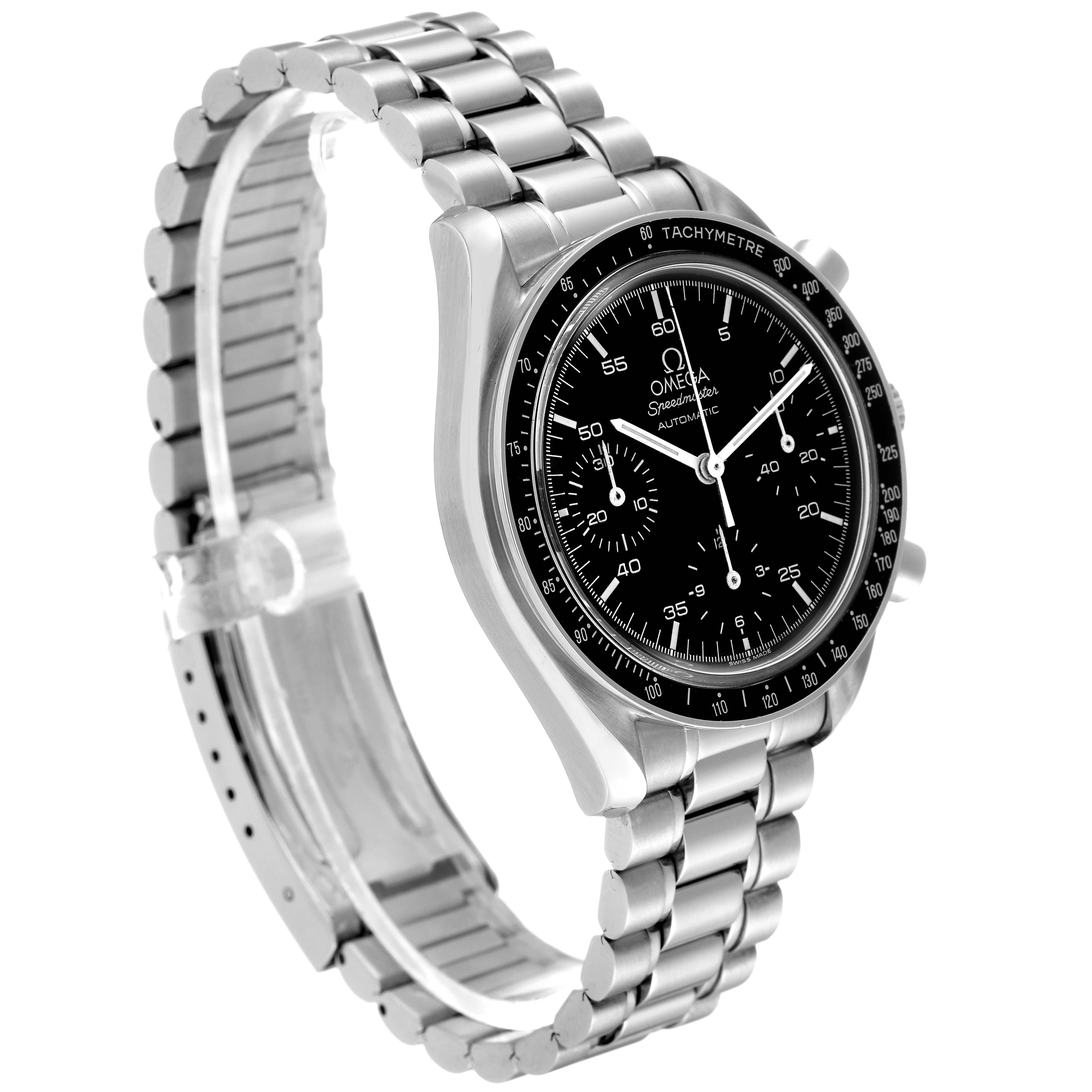 The image shows an angled side view of an Omega Speedmaster 3510.50.00 Men's Stainless Steel Black Dial 3510.50.00 Men's Stainless Steel Black Dial watch, displaying its stainless steel bracelet and black dial with chronograph features.