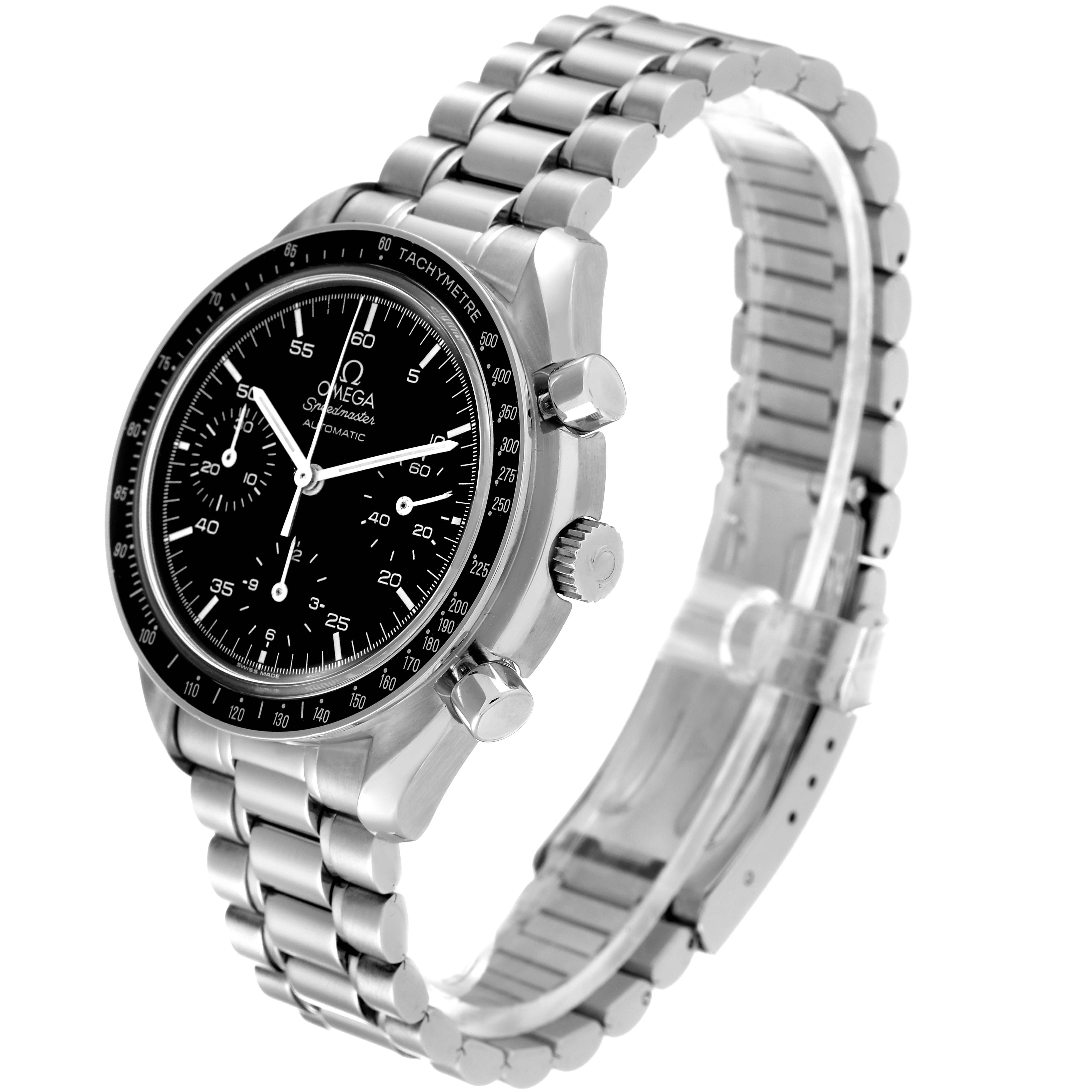 The Omega Speedmaster 3510.50.00 Men's Stainless Steel Black Dial 3510.50.00 Men's Stainless Steel Black Dial watch is shown at a three-quarter angle, highlighting its dial, bezel, crown, pushers, and metal bracelet.