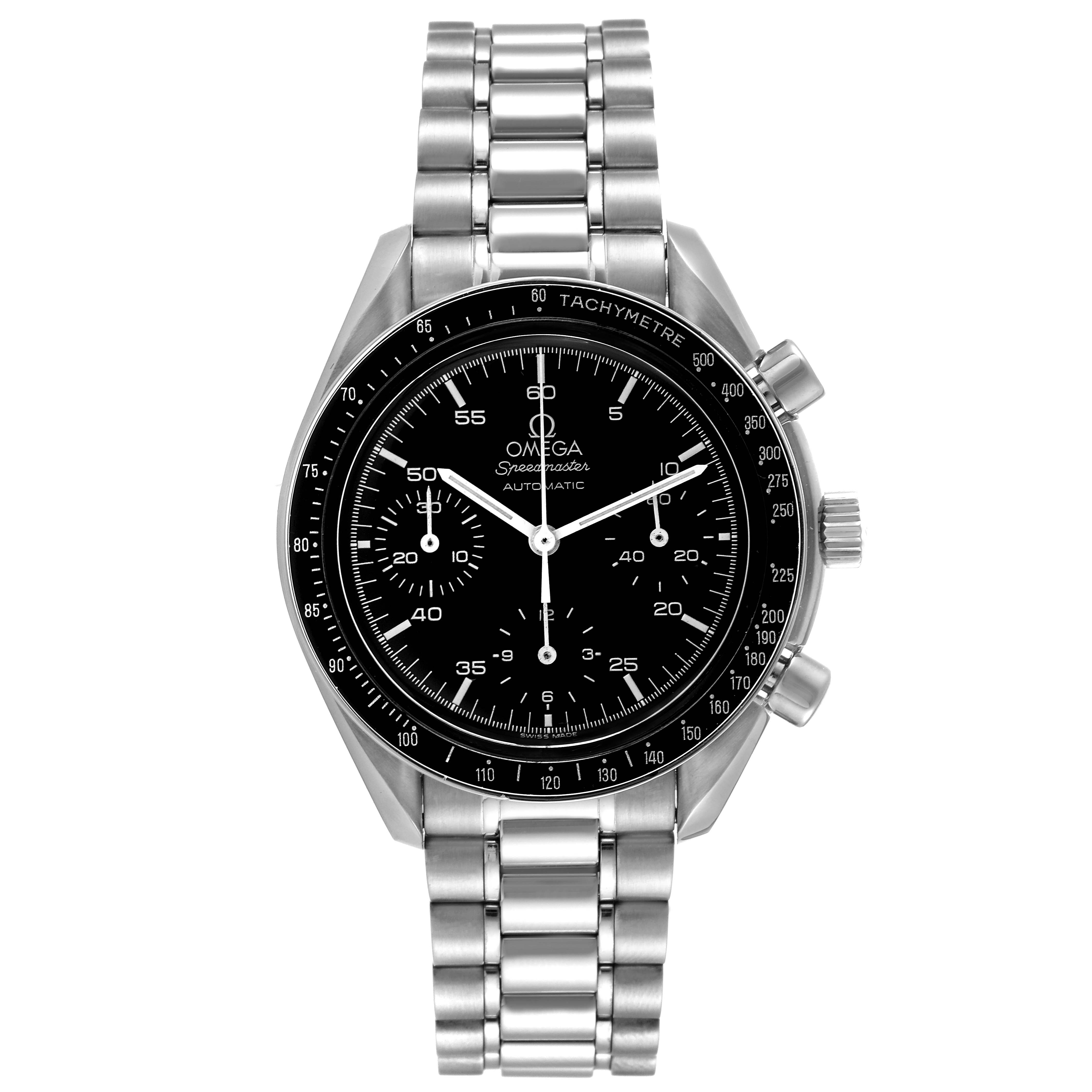This image shows a front view of the Omega Speedmaster 3510.50.00 Men's Stainless Steel Black Dial 3510.50.00 Men's Stainless Steel Black Dial watch, including the face, bezel, pushers, and bracelet.