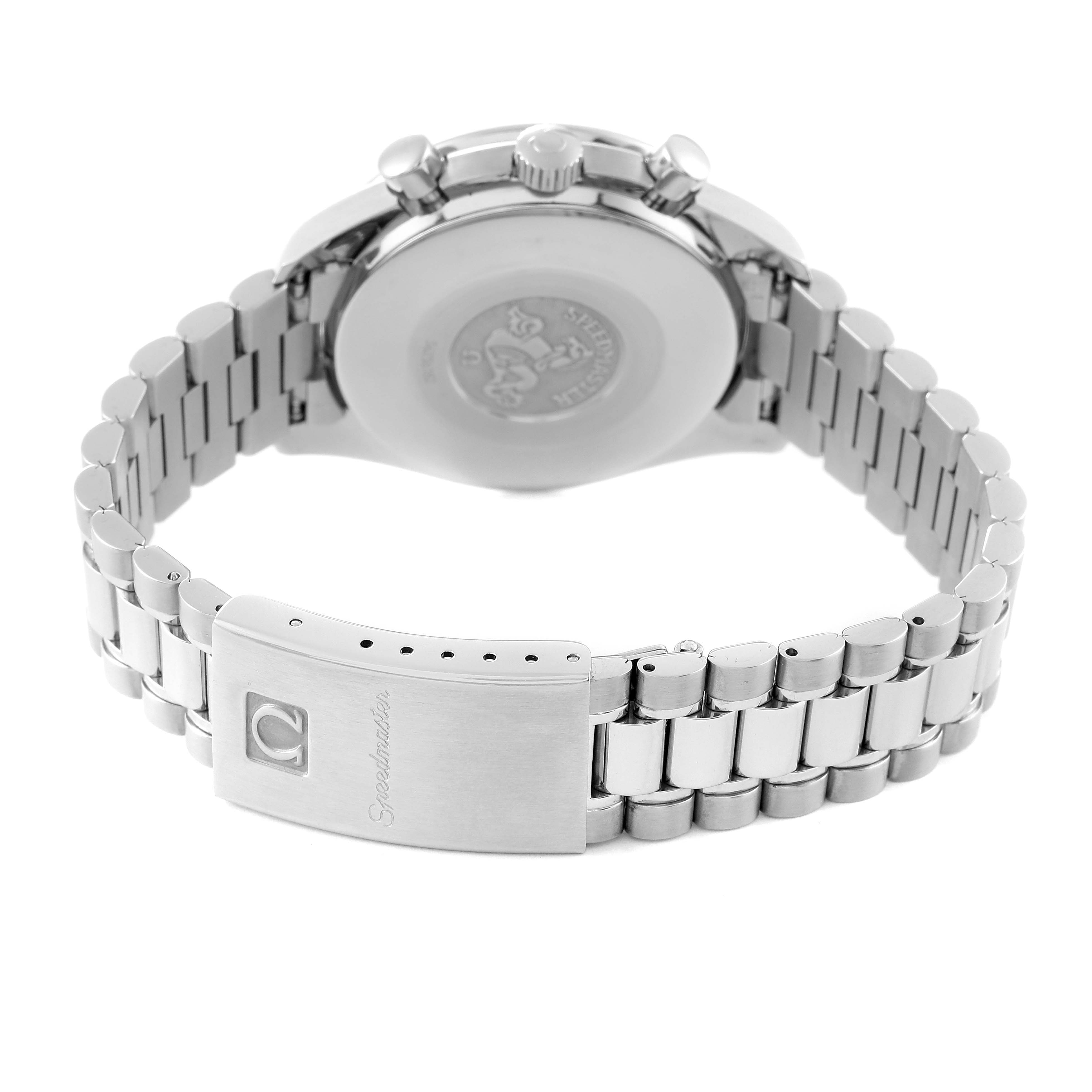 The image shows the back view of the Omega Speedmaster 3510.50.00 Men's Stainless Steel Black Dial 3510.50.00 Men's Stainless Steel Black Dial, highlighting the case back, crown, pushers, and bracelet clasp.