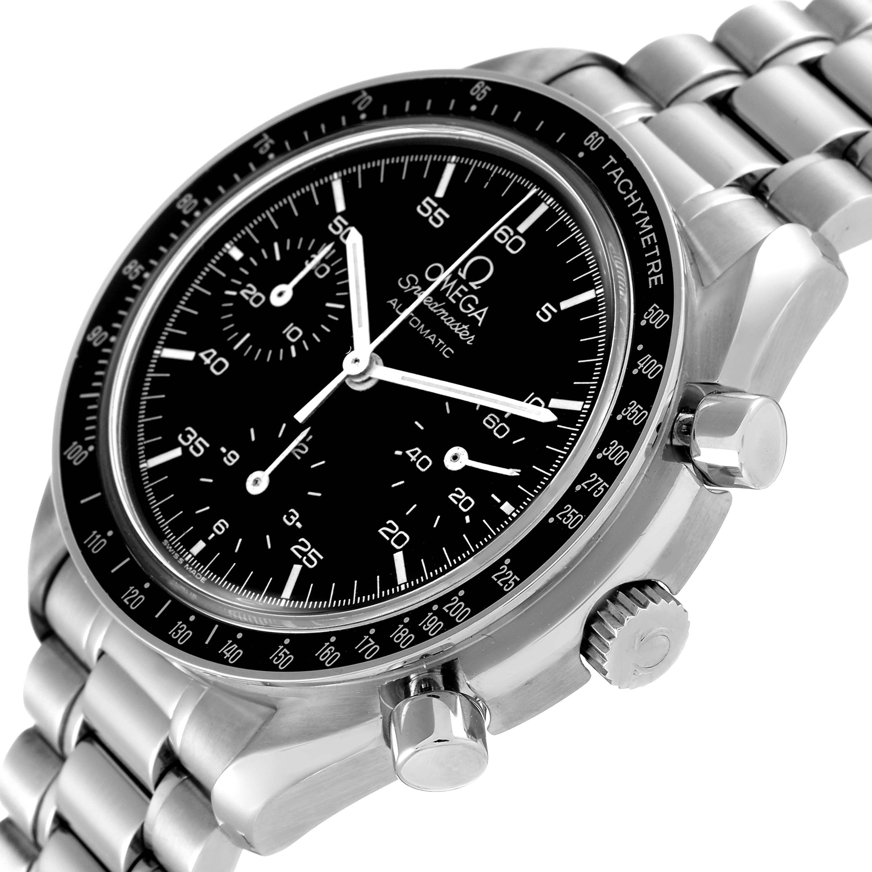 The Omega Speedmaster 3510.50.00 Men's Stainless Steel Black Dial 3510.50.00 Men's Stainless Steel Black Dial is shown at a slight angle from the right, displaying its tachymeter bezel, subdials, and stainless steel bracelet.