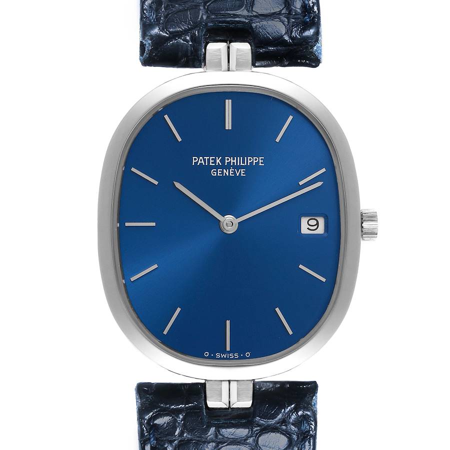 The image shows a front view of the Patek Philippe Golden Ellipse watch with a blue dial and date window.