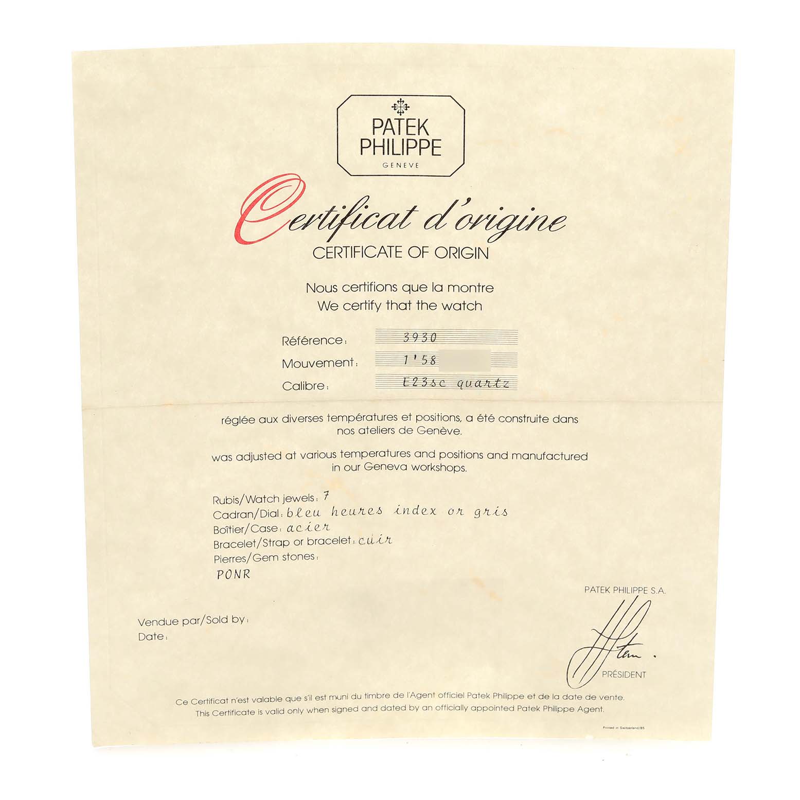 The image shows a "Certificate of Origin" for the Patek Philippe Golden Ellipse 3930 Men's Stainless Steel Blue Dial 3930 Men's Stainless Steel Blue Dial watch, detailing model and reference numbers.