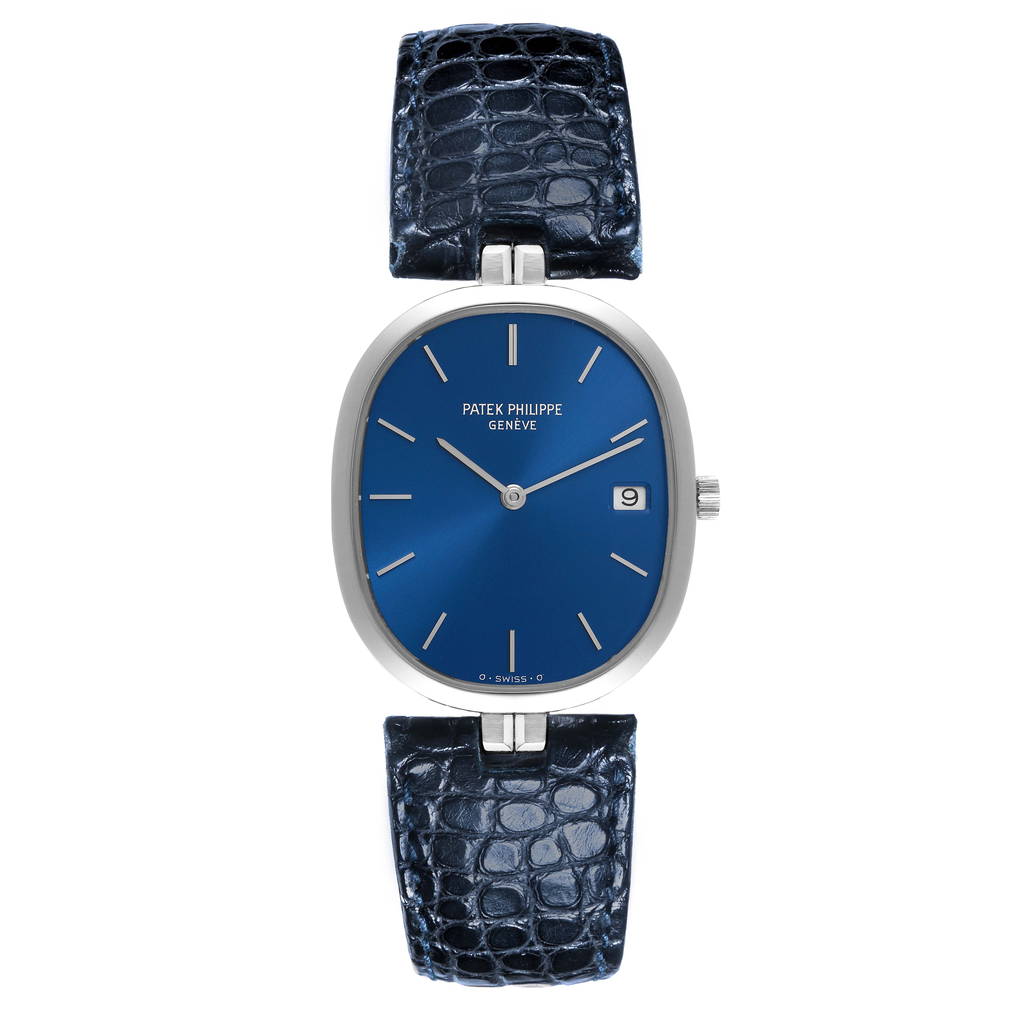 The Patek Philippe Golden Ellipse 3930 Men's Stainless Steel Blue Dial 3930 Men's Stainless Steel Blue Dial watch is shown from the front, highlighting its blue dial, silver markers, and leather strap.