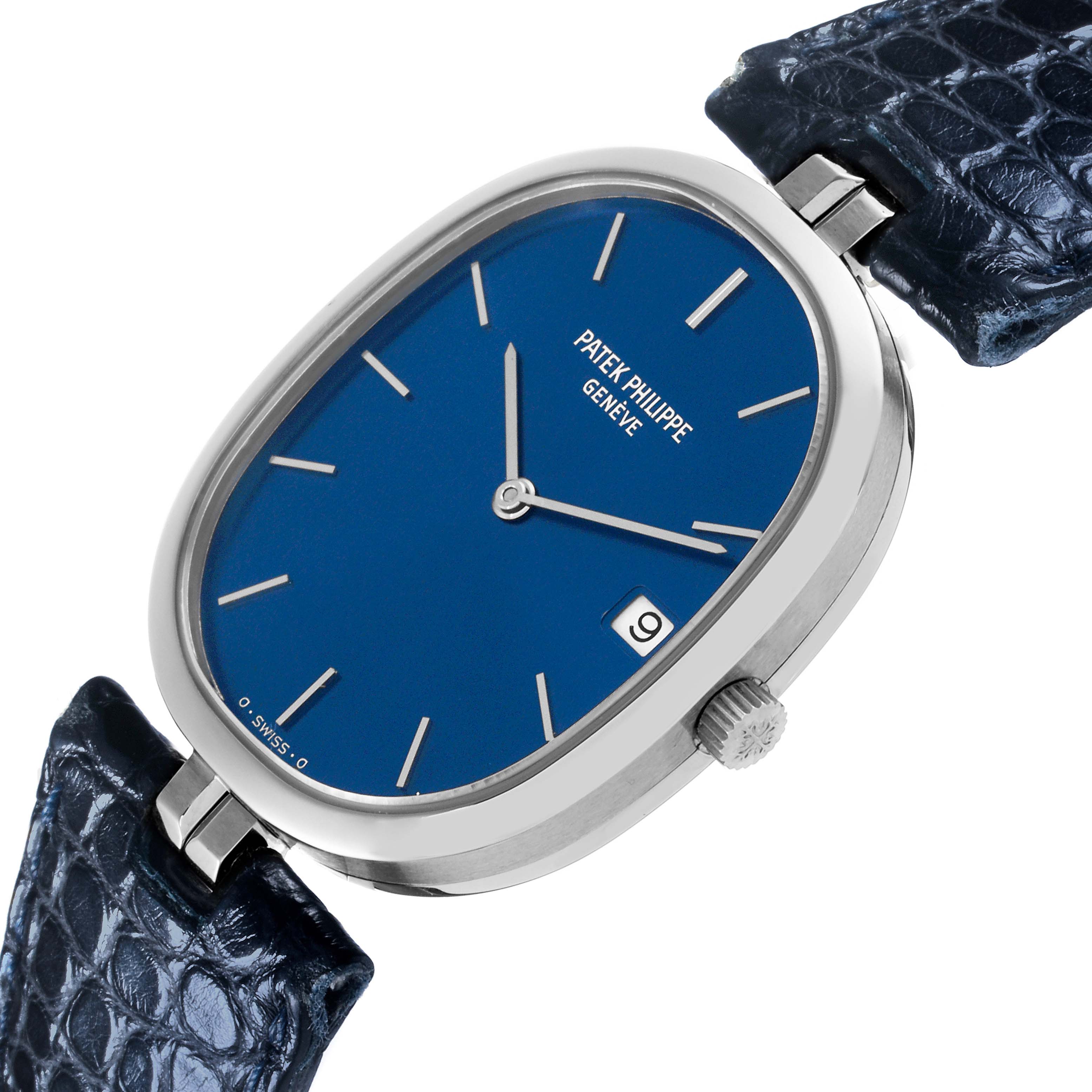 The Patek Philippe Golden Ellipse 3930 Men's Stainless Steel Blue Dial 3930 Men's Stainless Steel Blue Dial watch is shown at an angled side view, highlighting its blue dial, crown, lugs, and strap.