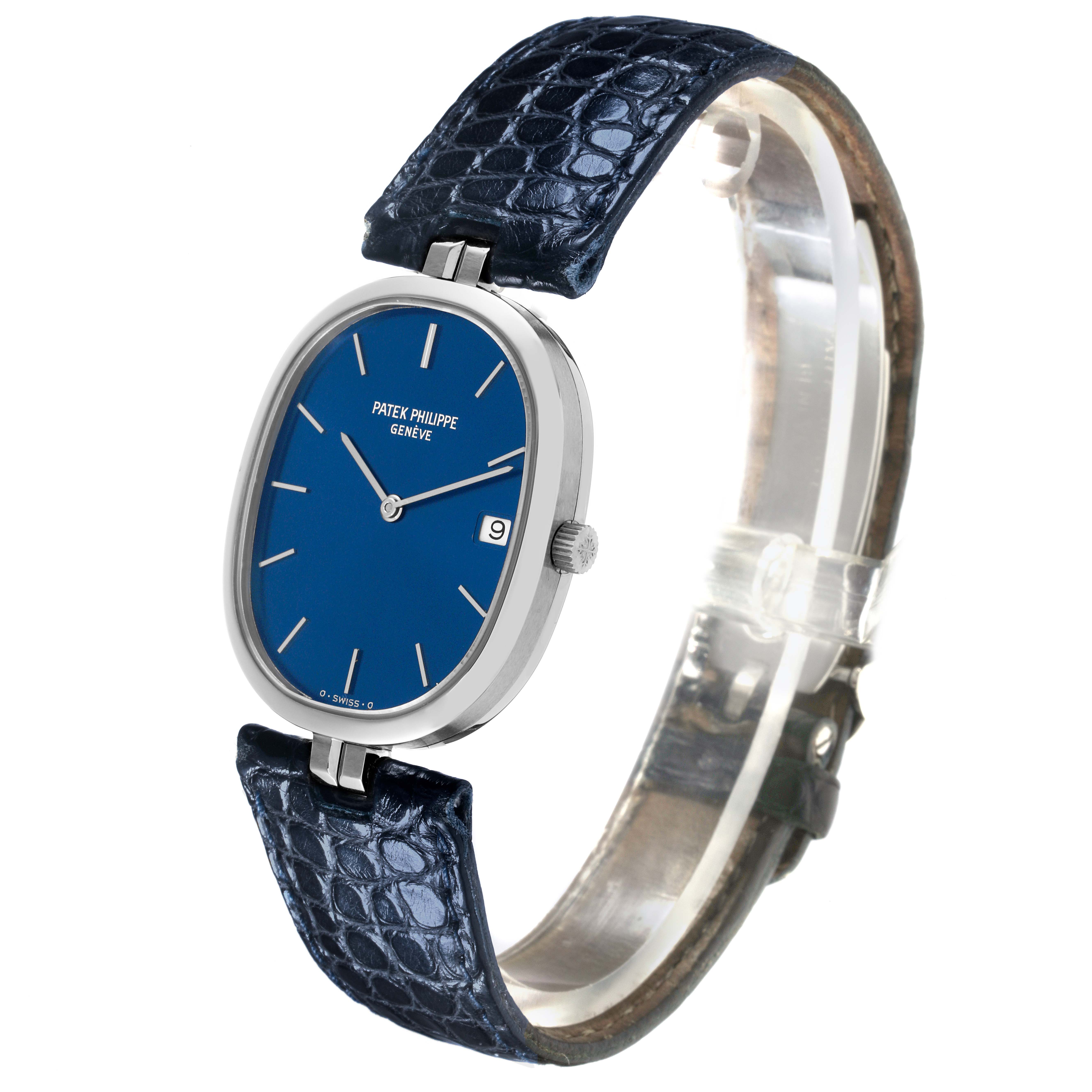 The Patek Philippe Golden Ellipse 3930 Men's Stainless Steel Blue Dial 3930 Men's Stainless Steel Blue Dial watch is shown at a slight angle, displaying the face, bezel, crown, and leather strap.
