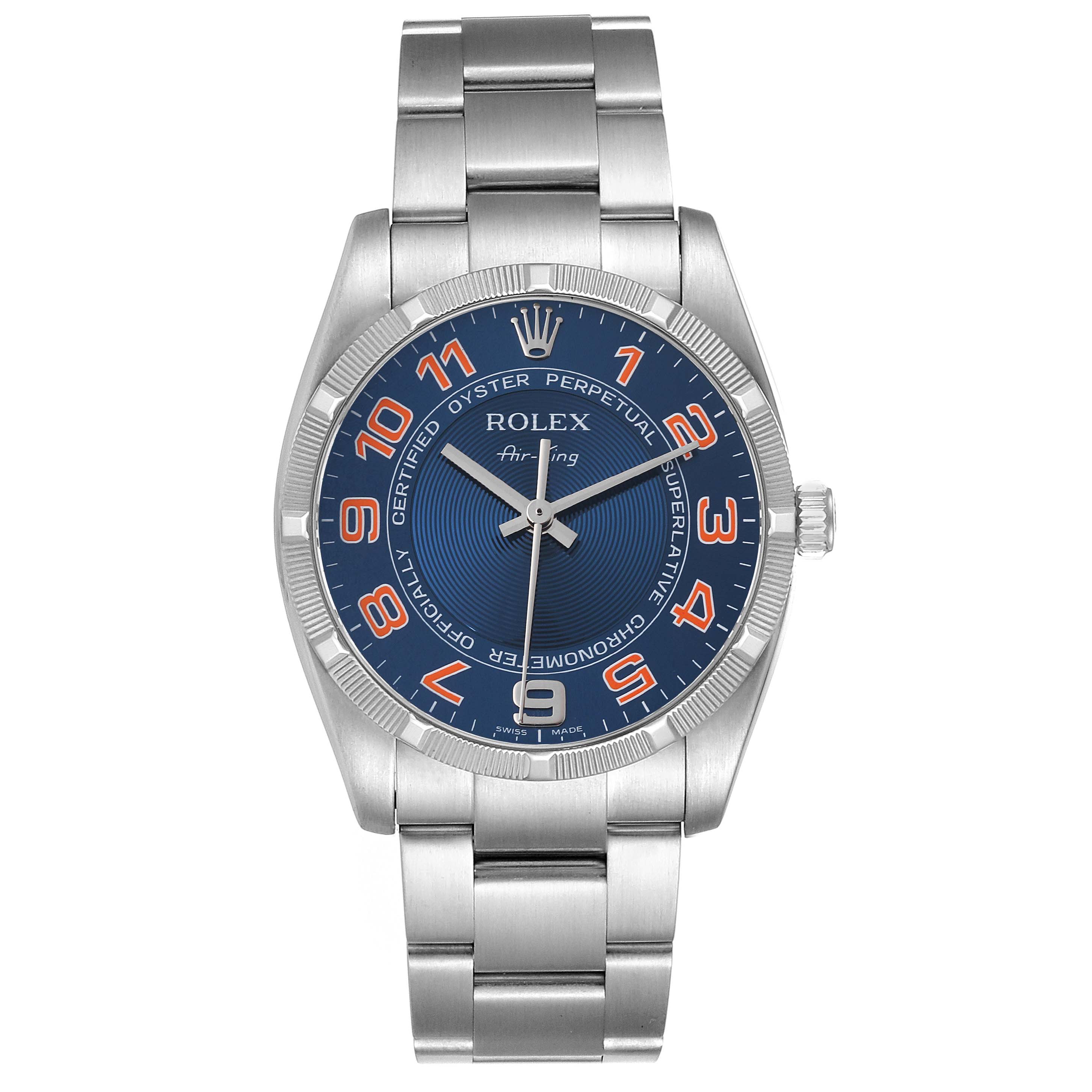 The image shows a front view of a Rolex Air-King 114210 Men's Stainless Steel Blue Dial 114210 Men's Stainless Steel Blue Dial watch, displaying the dial, bezel, case, bracelet, and crown.