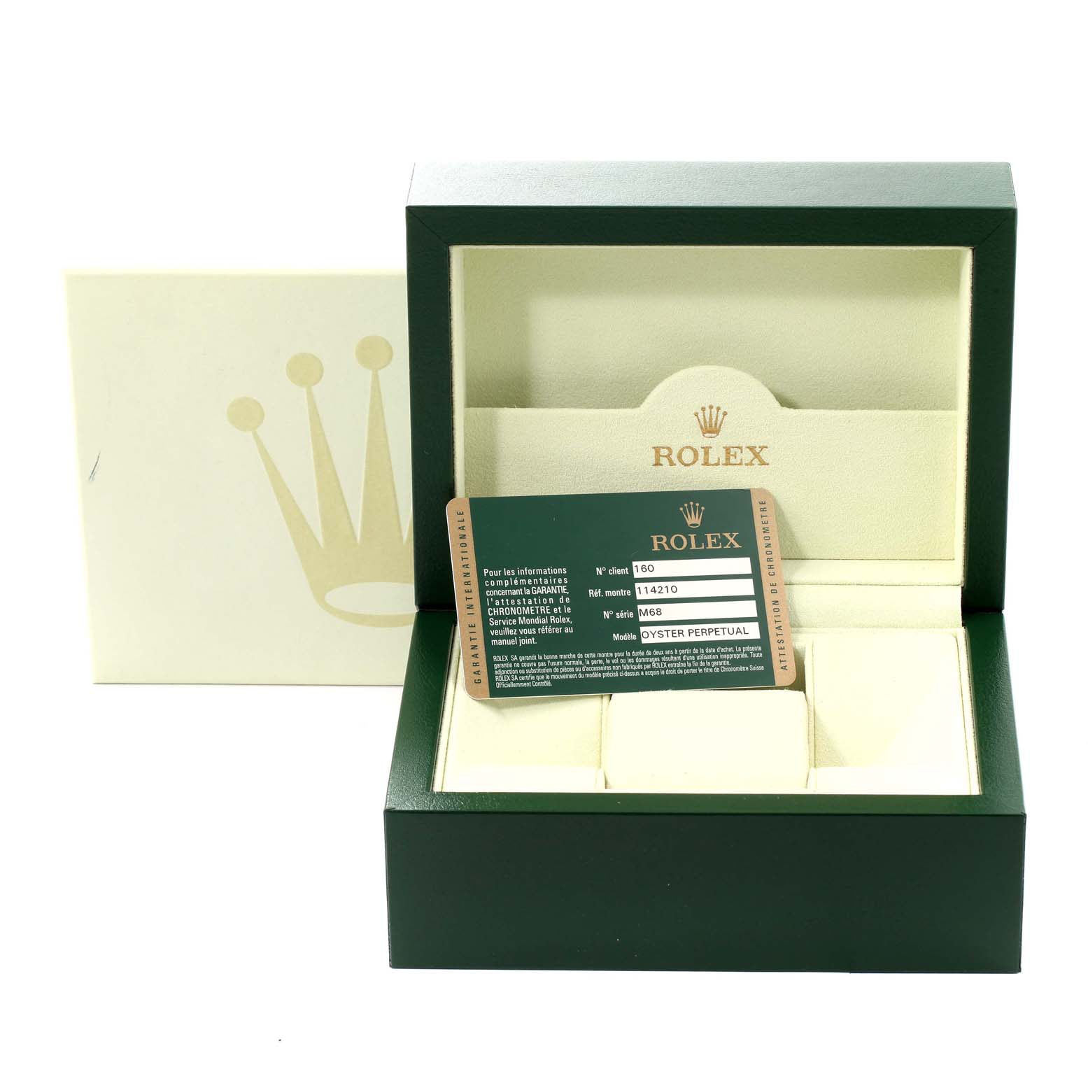 The image shows the open box and an authenticity card of a Rolex Air-King 114210 Men's Stainless Steel Blue Dial 114210 Men's Stainless Steel Blue Dial watch, with a branded outer sleeve in the background.