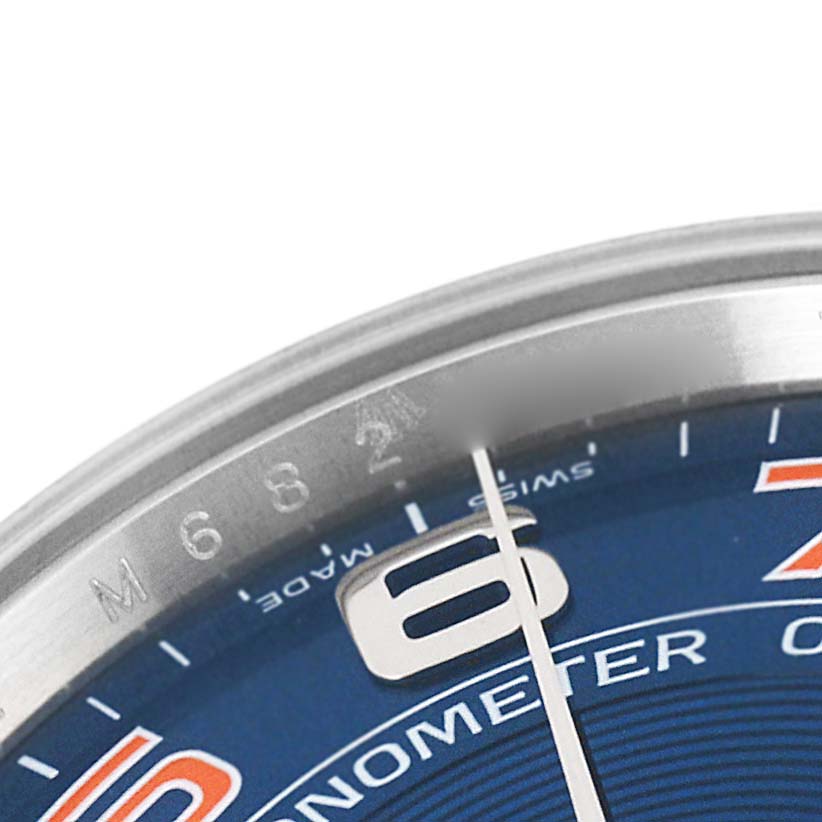 This image shows a close-up angle of the dial and part of the bezel of a Rolex Air-King 114210 Men's Stainless Steel Blue Dial 114210 Men's Stainless Steel Blue Dial watch.