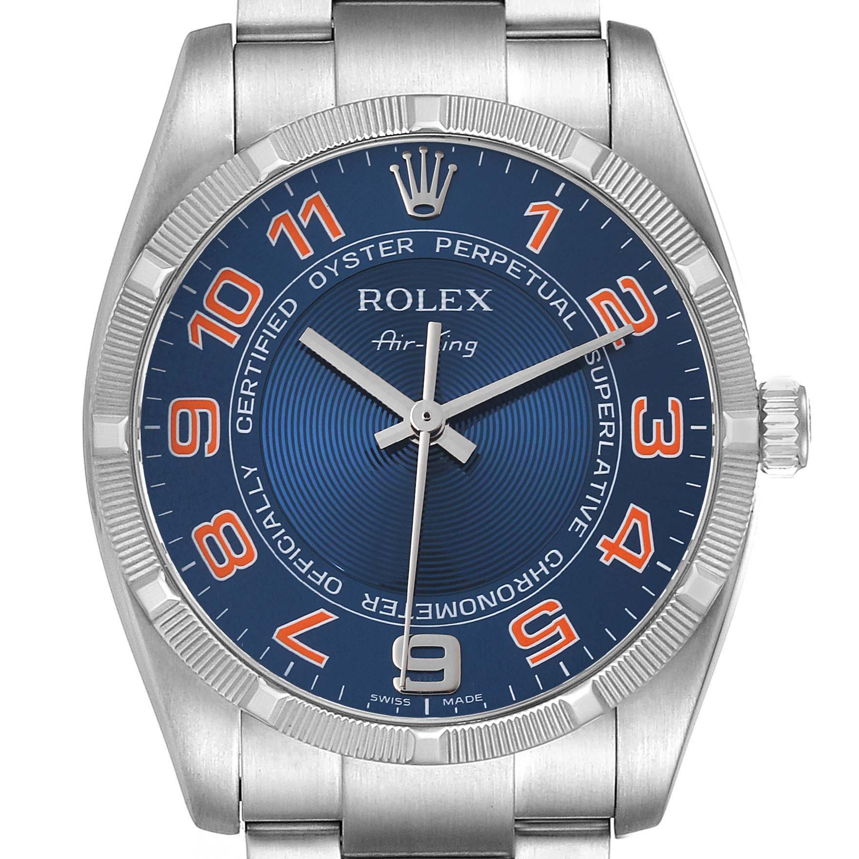 This image shows a front view of the Rolex Air-King 114210 Men's Stainless Steel Blue Dial 114210 Men's Stainless Steel Blue Dial watch, highlighting its blue dial, orange numerals, and metal bracelet.