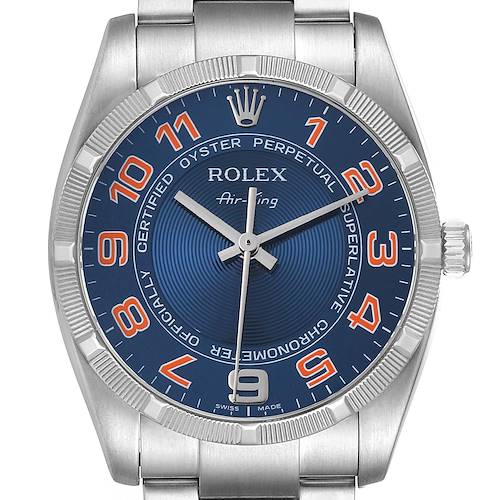 Photo of Rolex Air King Blue Concentric Dial Steel Mens Watch 114210 Box Card