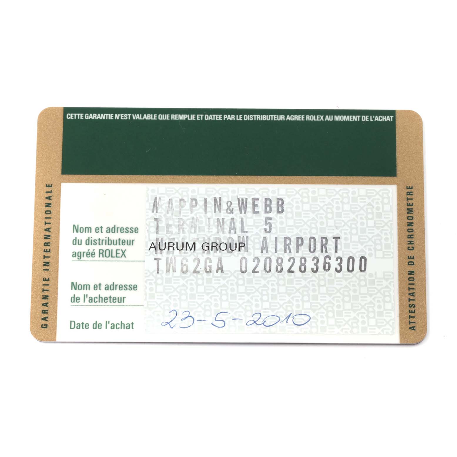 This is a guarantee card for a Rolex Air-King 114210 Men's Stainless Steel Blue Dial 114210 Men's Stainless Steel Blue Dial watch shown from the front angle.