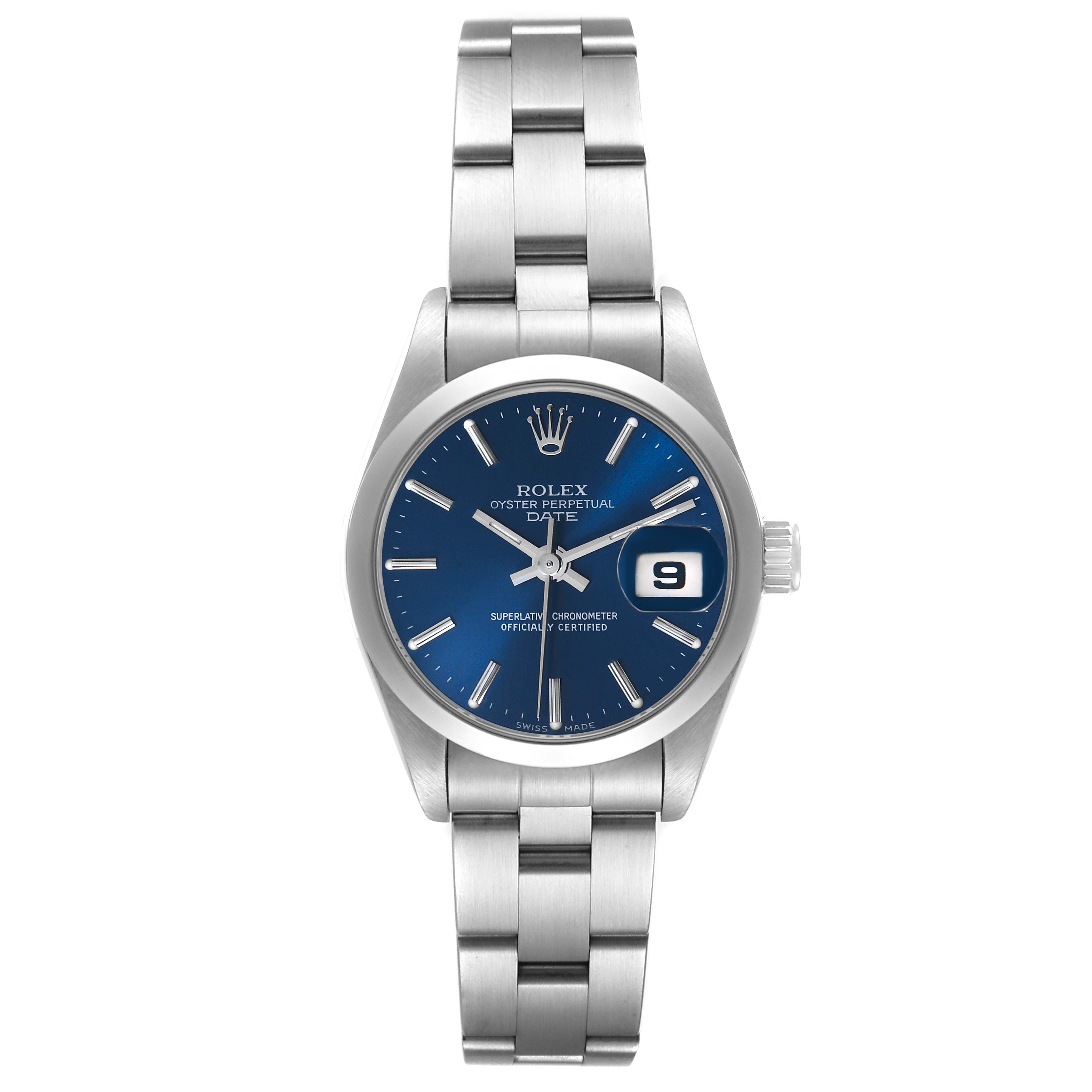 This image shows a front view of a Rolex Datejust 69160 Women's Stainless Steel Blue Dial 69160 Women's Stainless Steel Blue Dial watch, highlighting its dial, case, and bracelet.