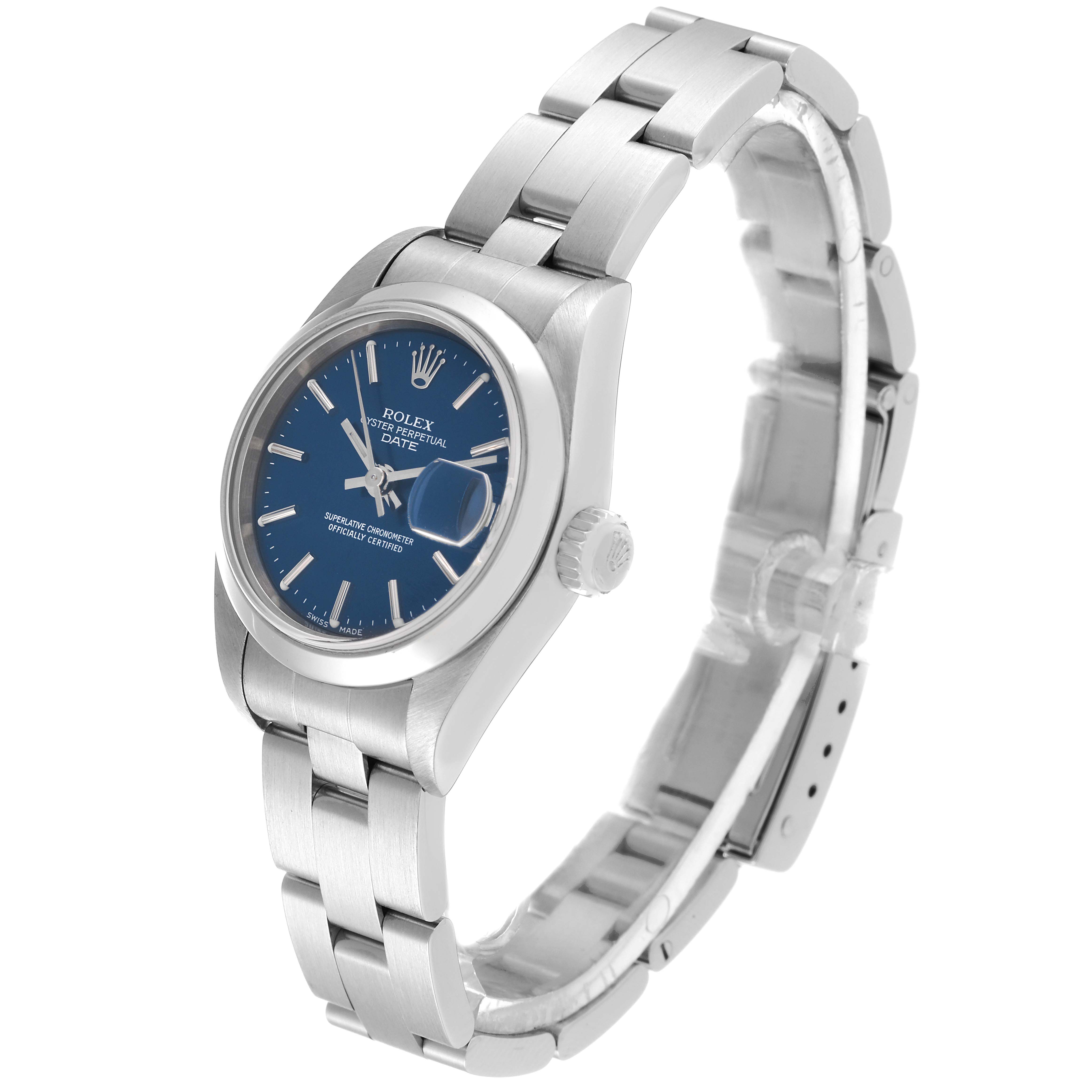 The Rolex Datejust 69160 Women's Stainless Steel Blue Dial 69160 Women's Stainless Steel Blue Dial watch is shown from a front-left angle, displaying the face, crown, and part of the bracelet.