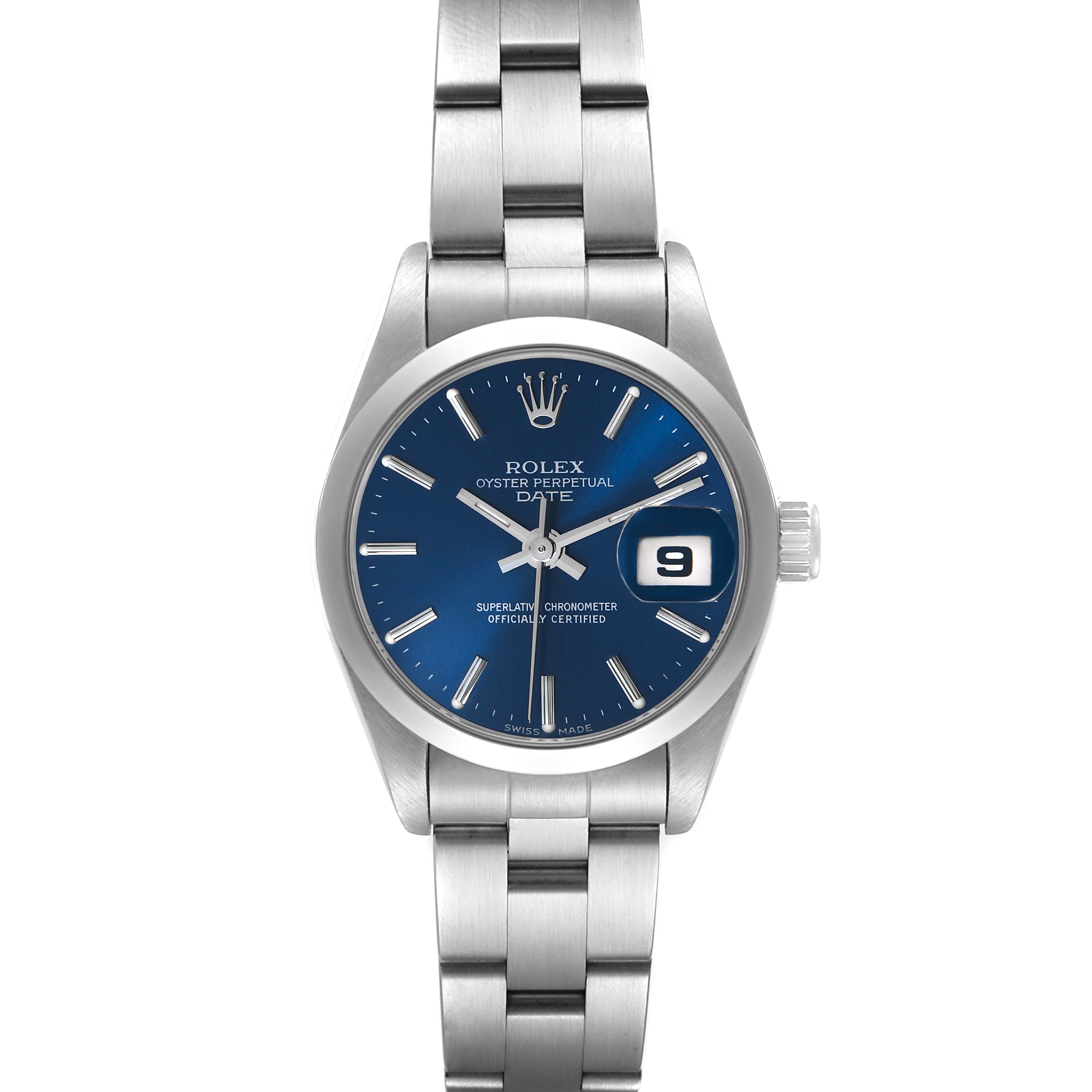 The image shows a front view of a Rolex Datejust 69160 Women's Stainless Steel Blue Dial 69160 Women's Stainless Steel Blue Dial watch, displaying its blue dial, date window, and stainless steel bracelet.