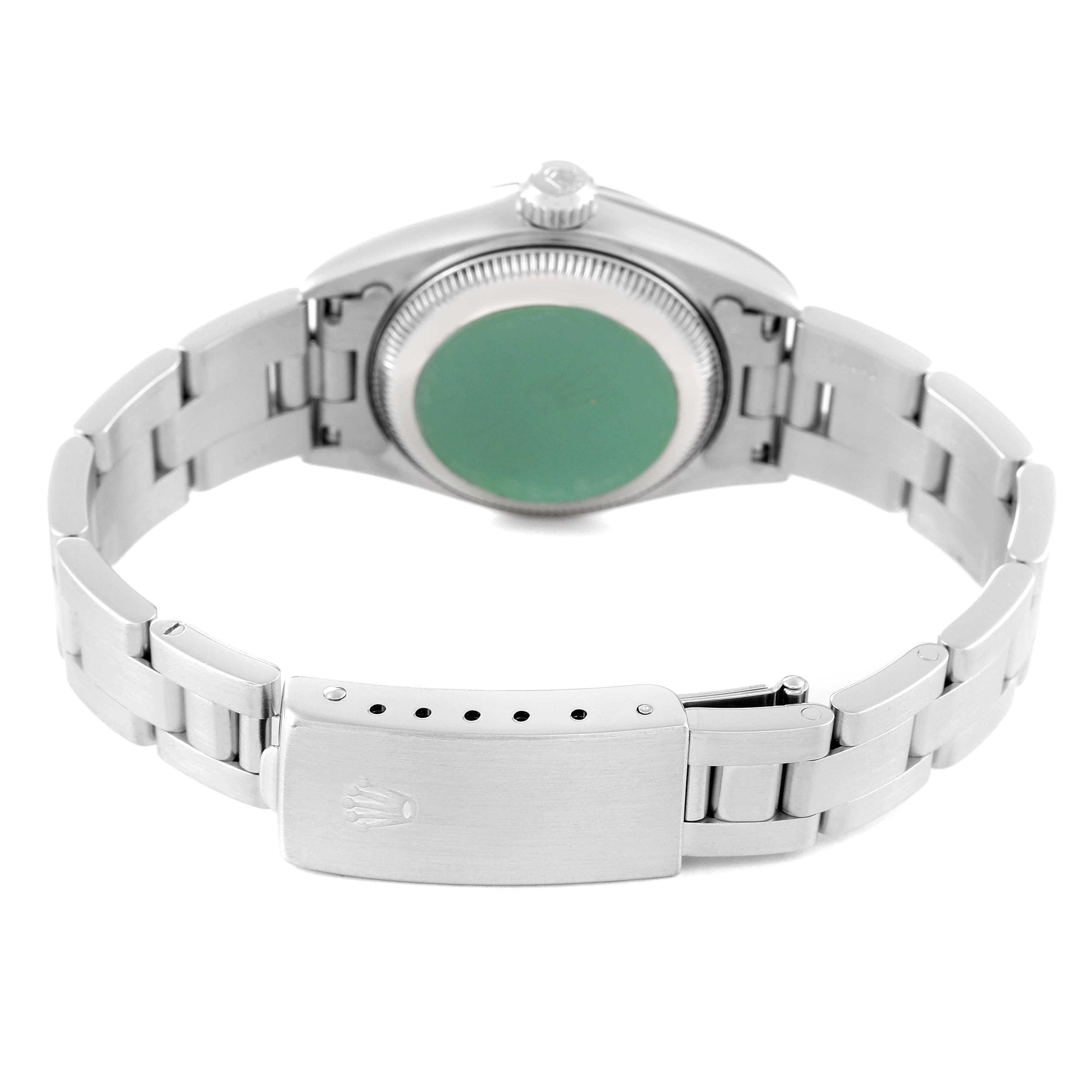 The image shows the back view of a Rolex Datejust 69160 Women's Stainless Steel Blue Dial 69160 Women's Stainless Steel Blue Dial watch, focusing on the case back and bracelet clasp.