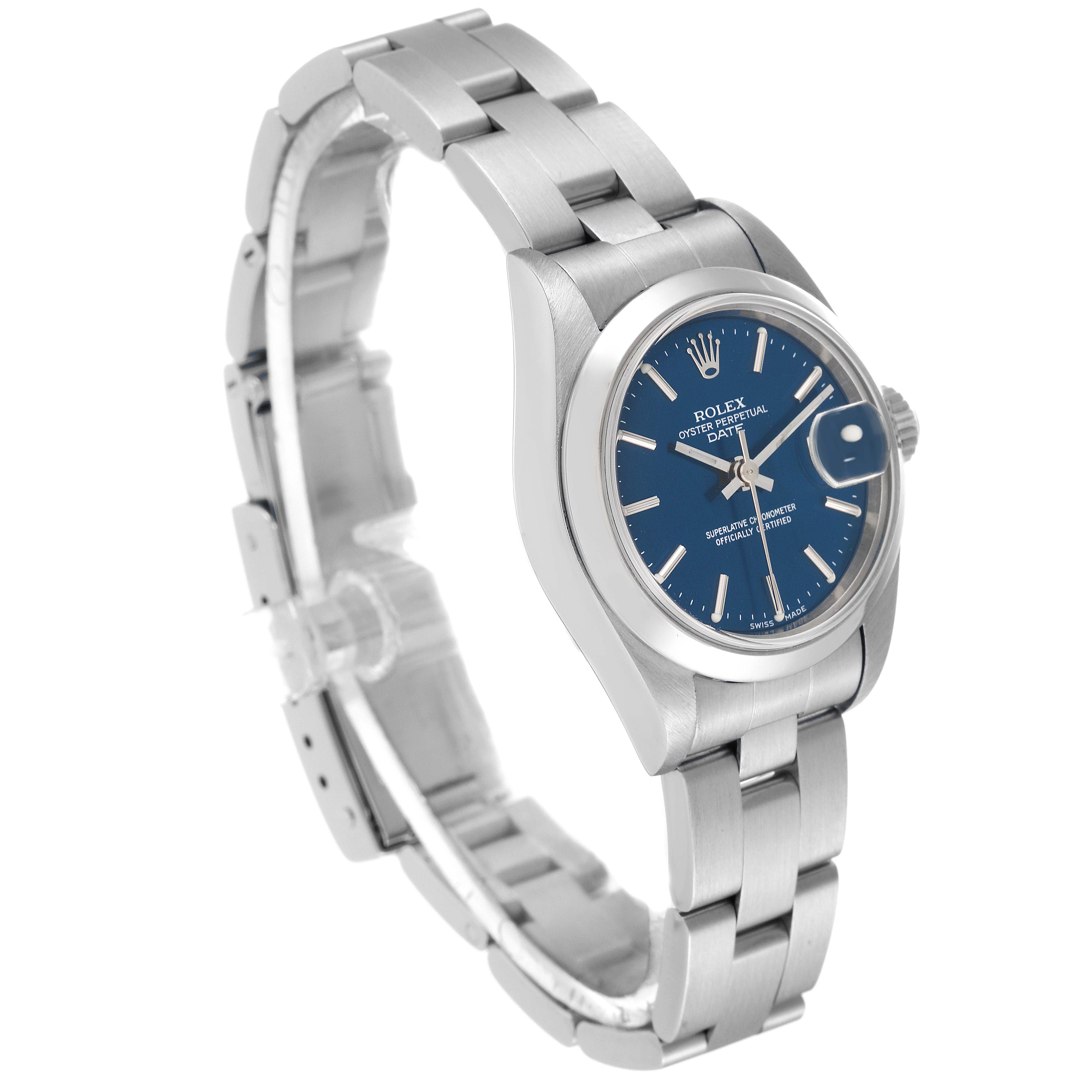 The image shows a Rolex Datejust 69160 Women's Stainless Steel Blue Dial 69160 Women's Stainless Steel Blue Dial watch angled slightly from the left, displaying its bracelet and blue dial.