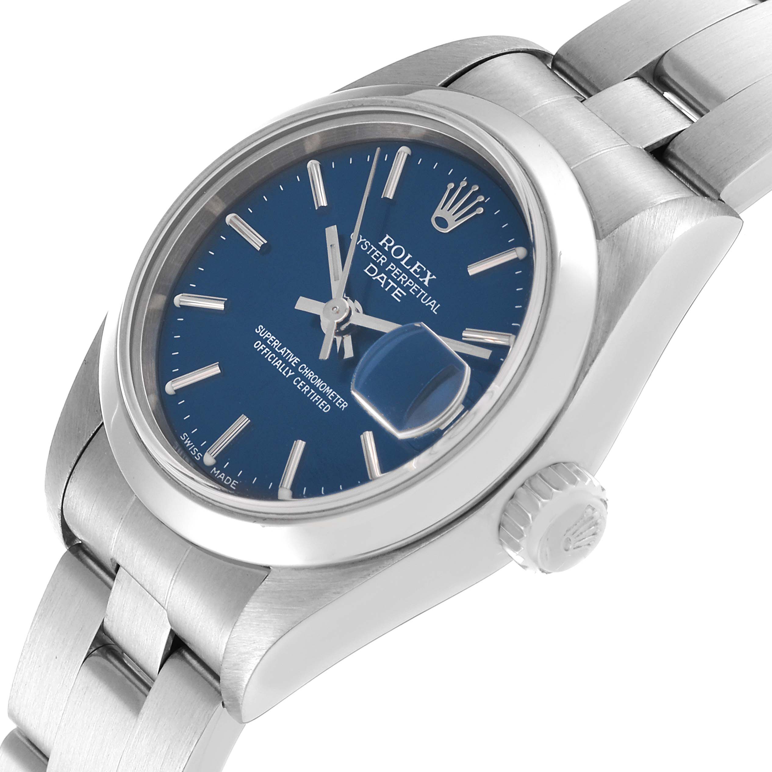 The image shows a close-up, angled view of a Rolex Datejust 69160 Women's Stainless Steel Blue Dial 69160 Women's Stainless Steel Blue Dial watch, featuring a blue dial and stainless steel bracelet.