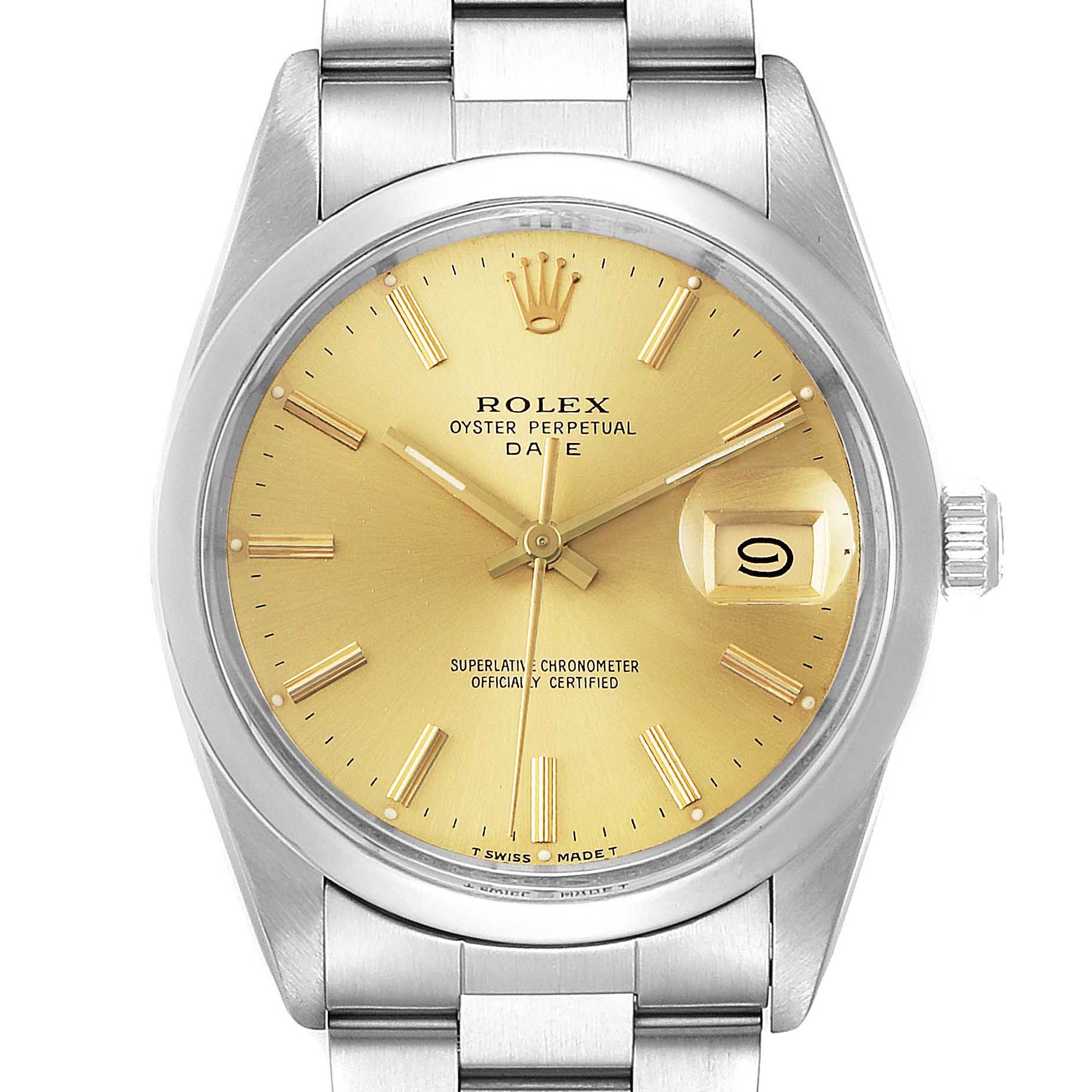 This image shows a front view of a Vintage Collection Rolex Oyster Perpetual Date watch, featuring its dial, bezel, and bracelet.