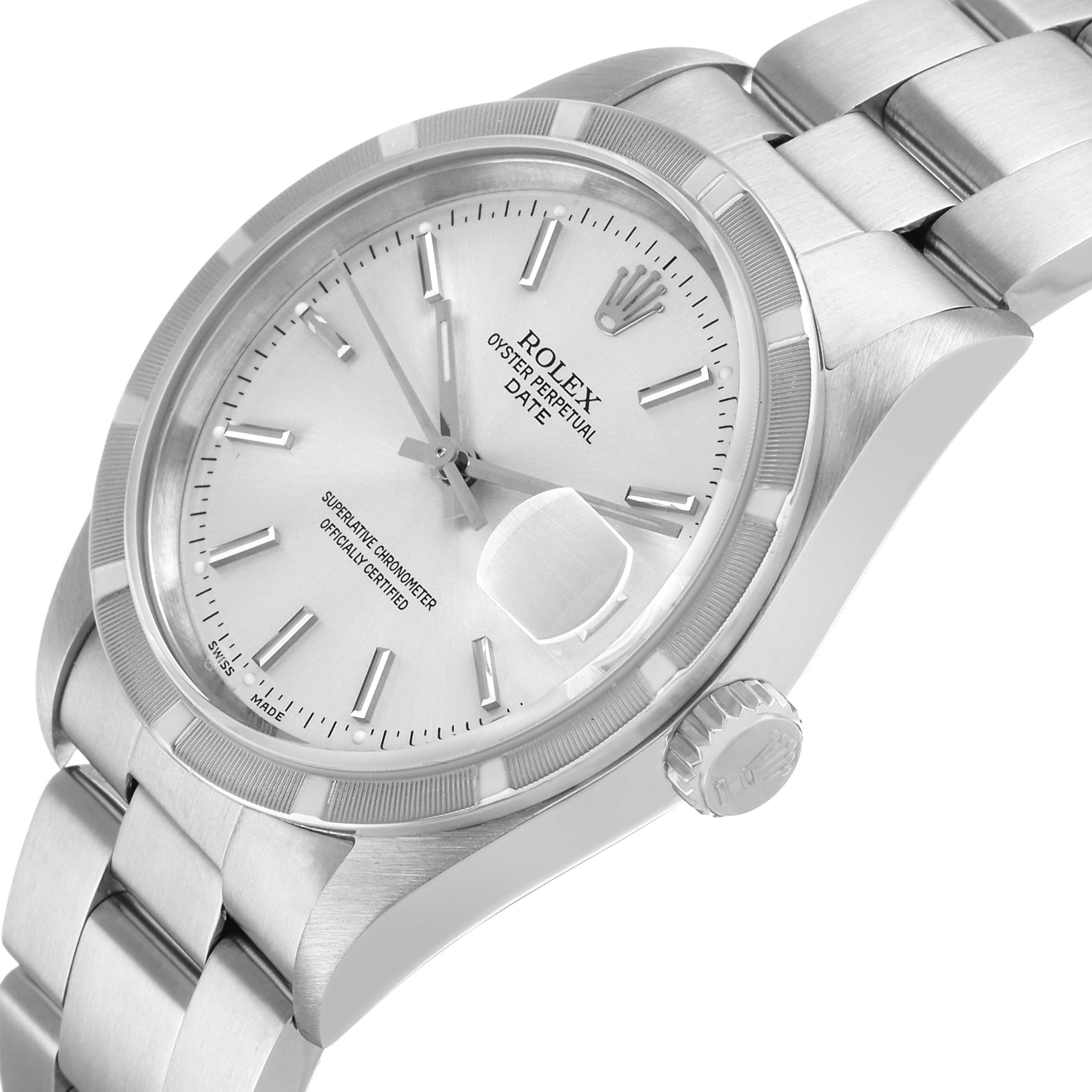 The Rolex Date 15210 Men's Stainless Steel Silver Dial watch is shown from an elevated side angle, displaying the face, bezel, crown, and bracelet.