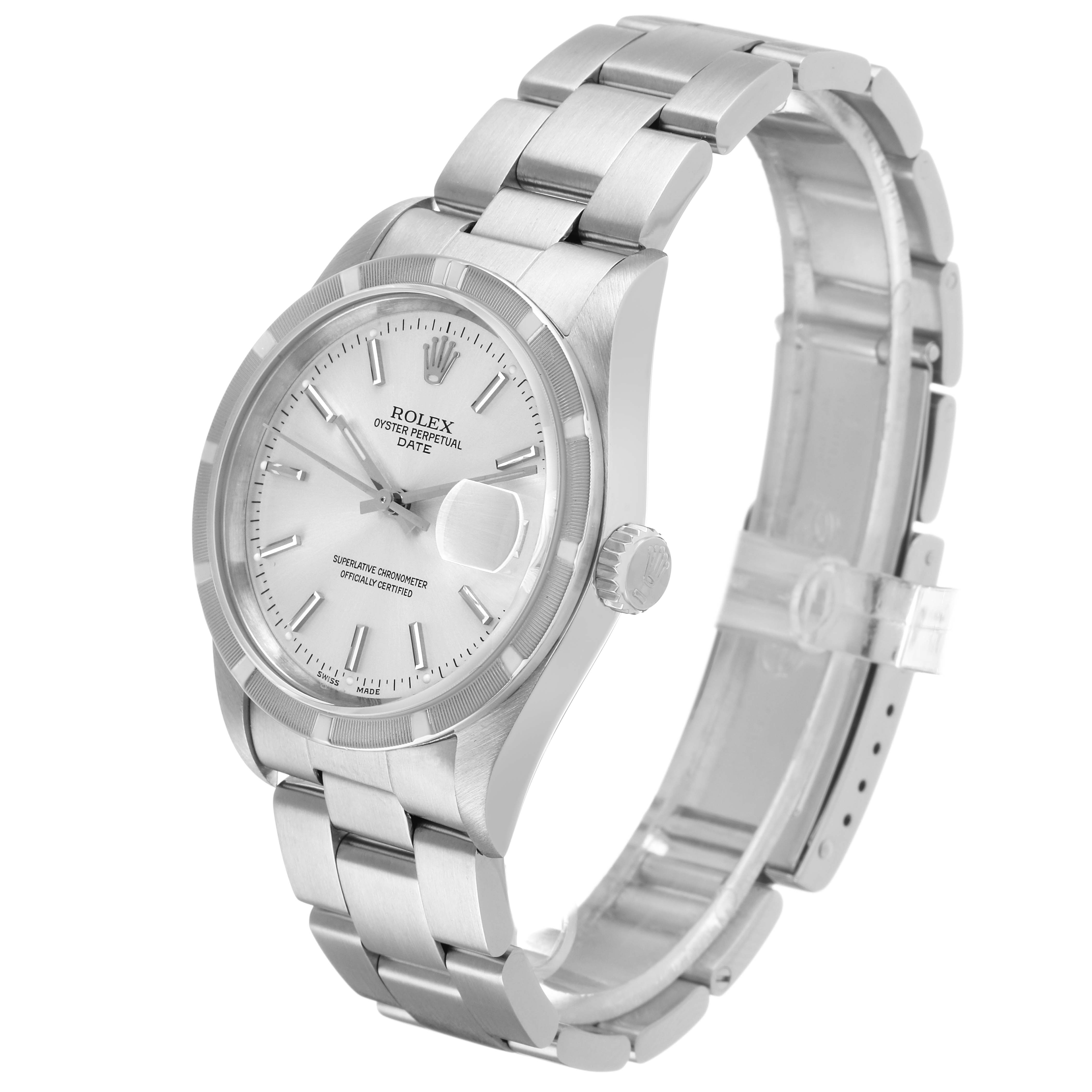 The Rolex Date 15210 Men's Stainless Steel Silver Dial watch is shown from a diagonal angle, displaying the face, crown, case, and bracelet.