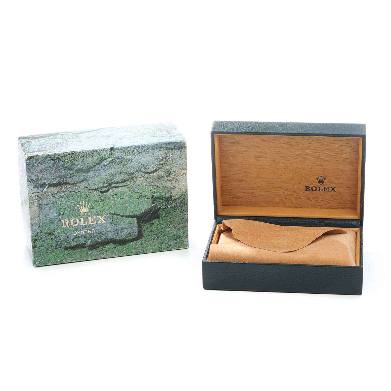 The image shows the packaging and box for the Rolex Date 15210 Men's Stainless Steel Silver Dial model, featuring an outer green box and an open inner wooden box.