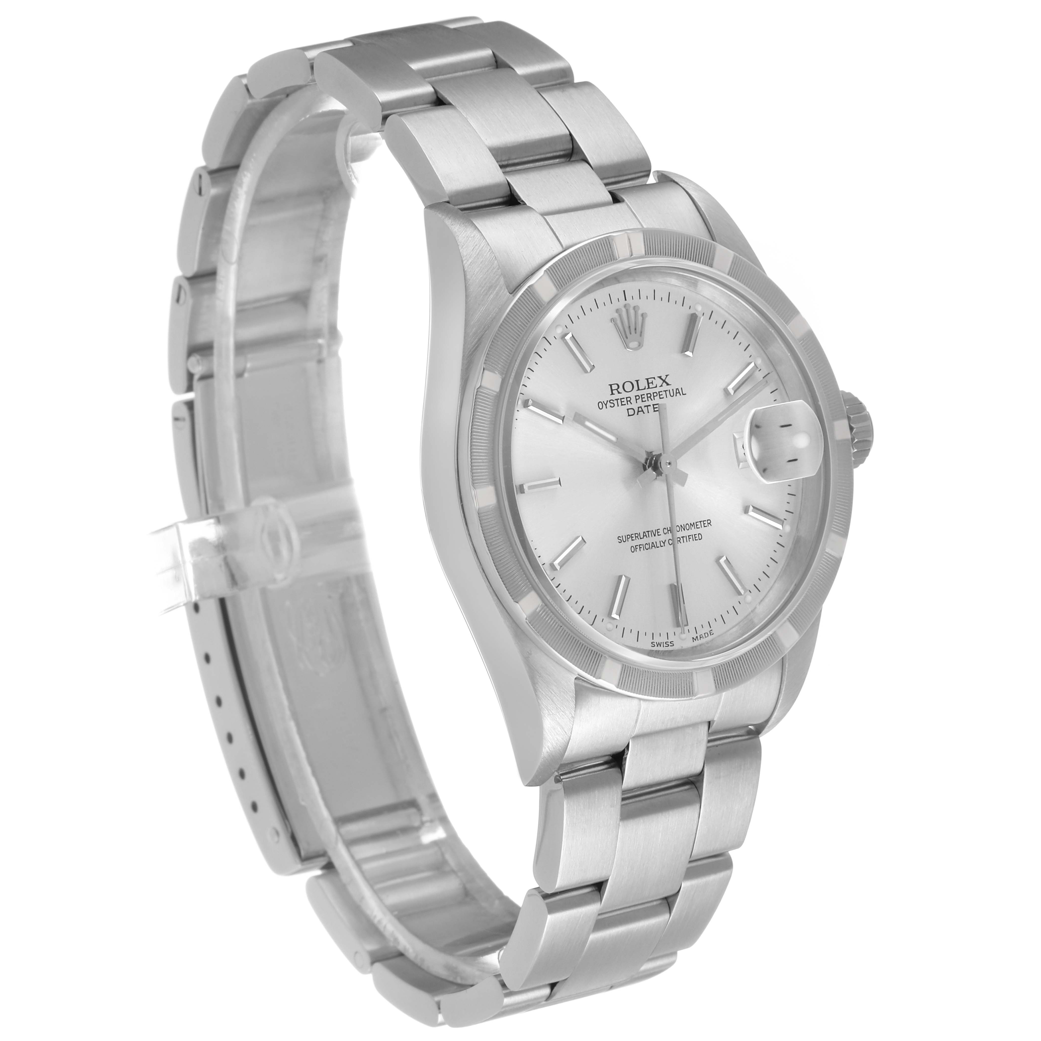 The image shows a Rolex Date 15210 Men's Stainless Steel Silver Dial watch at a slight side angle, displaying the face, bracelet, and crown.