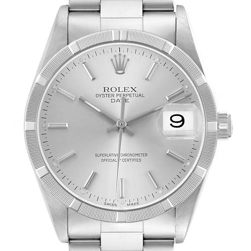 The Rolex Date 15210 Men's Stainless Steel Silver Dial model is shown from the front, displaying the dial, bezel, hands, date window, and part of the bracelet.