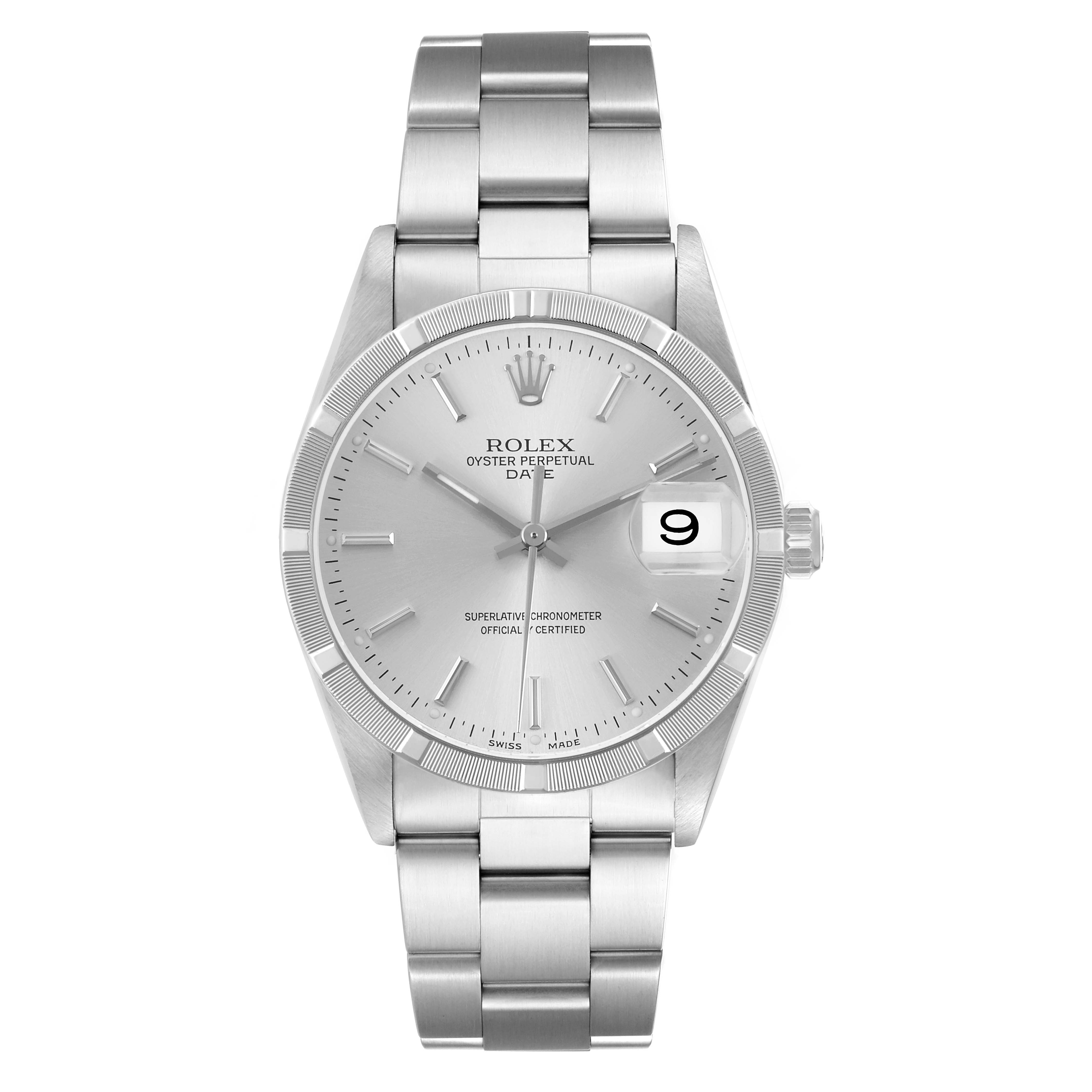 The Rolex Date 15210 Men's Stainless Steel Silver Dial model is shown from a front angle, highlighting the dial, bezel, bracelet, and date display.