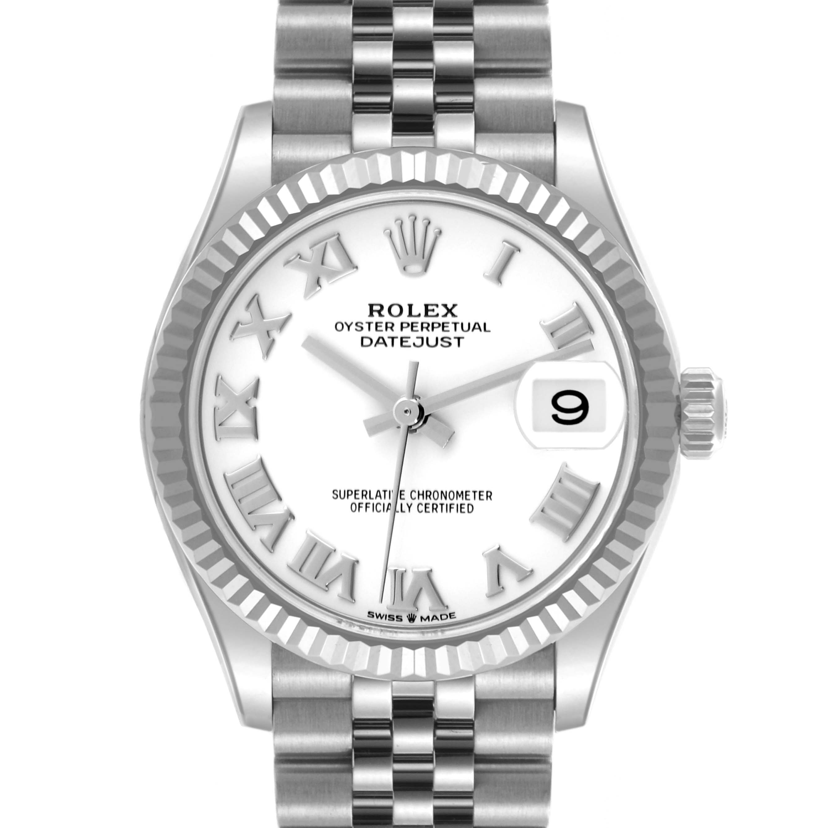 The Rolex Mid-Size 278274 Women's Stainless Steel White Dial 278274 Women's Stainless Steel White Dial Datejust watch is shown from the front, highlighting the face, bezel, crown, and part of the bracelet.