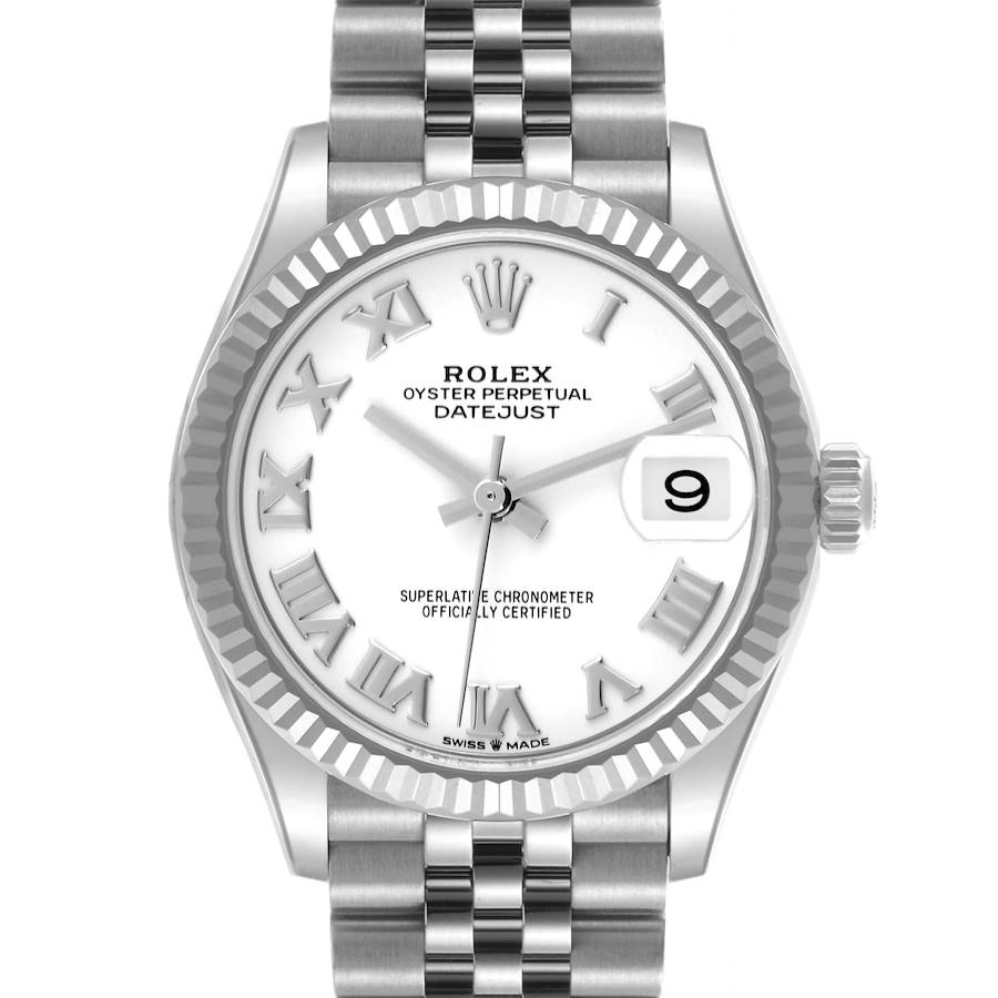 The Rolex Mid-Size Datejust watch is shown from the front, highlighting the face, bezel, crown, and part of the bracelet.