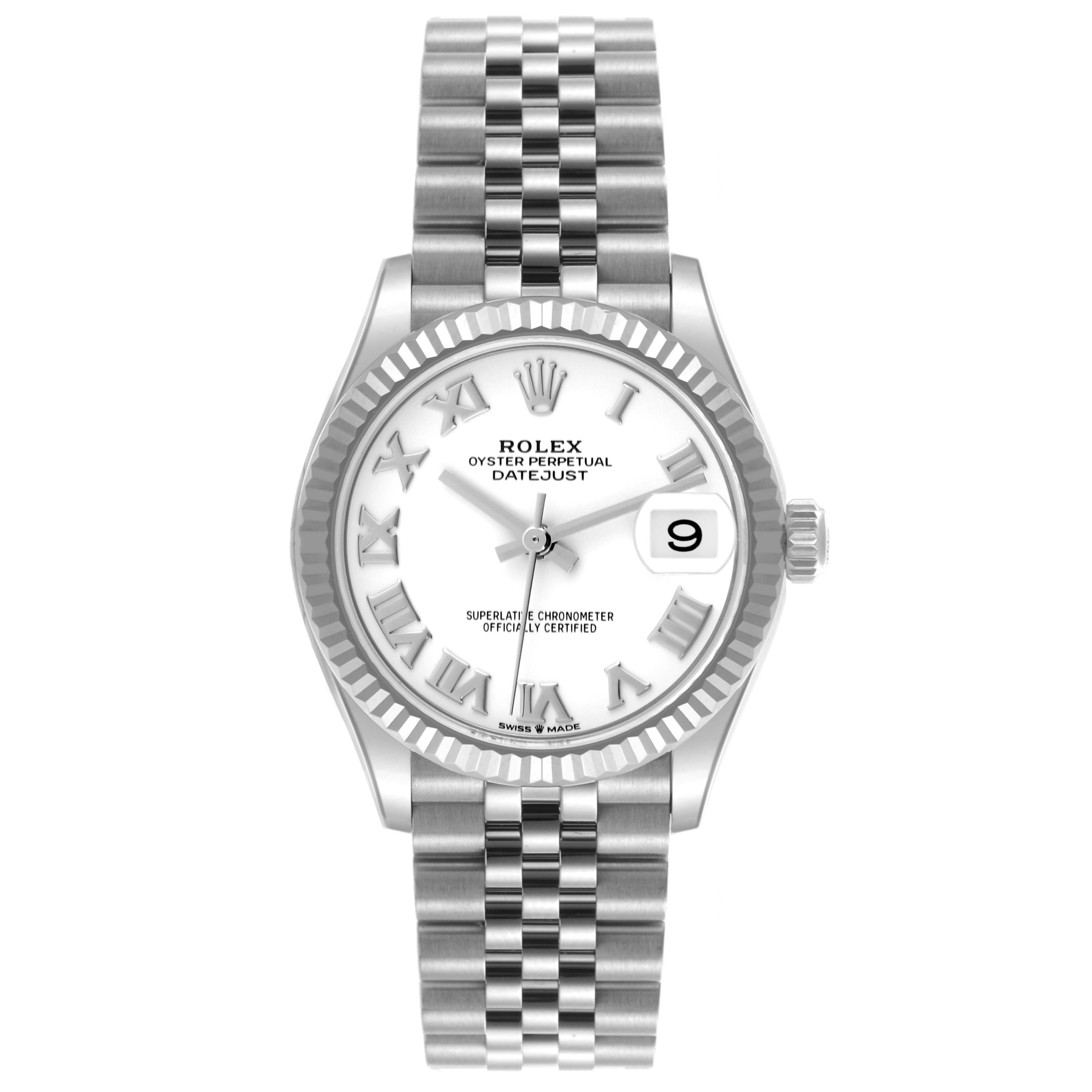 The image shows a frontal view of a Rolex Datejust Mid-Size watch, highlighting its face, bezel, and bracelet.