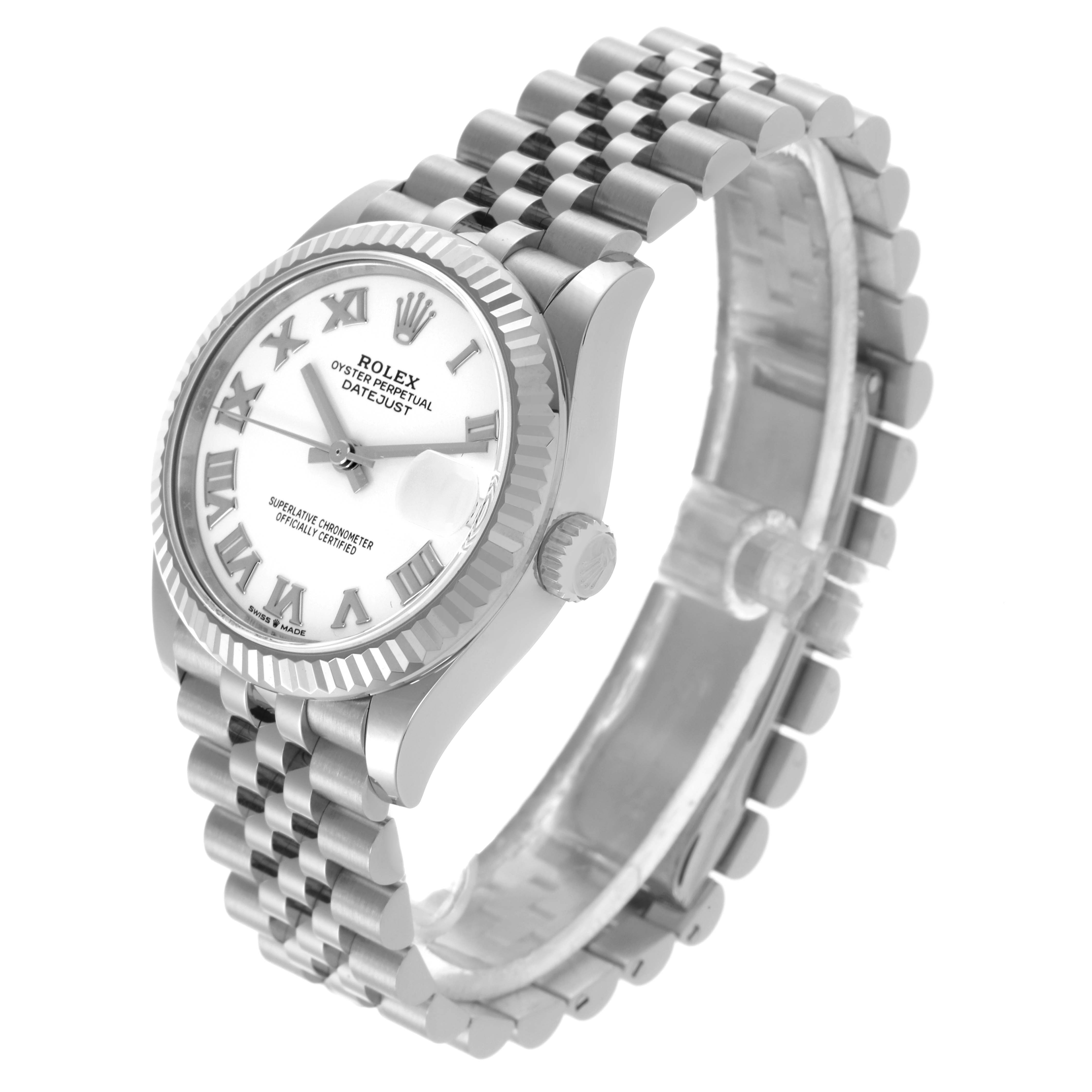 The Rolex Datejust Mid-Size watch is shown at an angled profile, highlighting the dial, bezel, and bracelet.