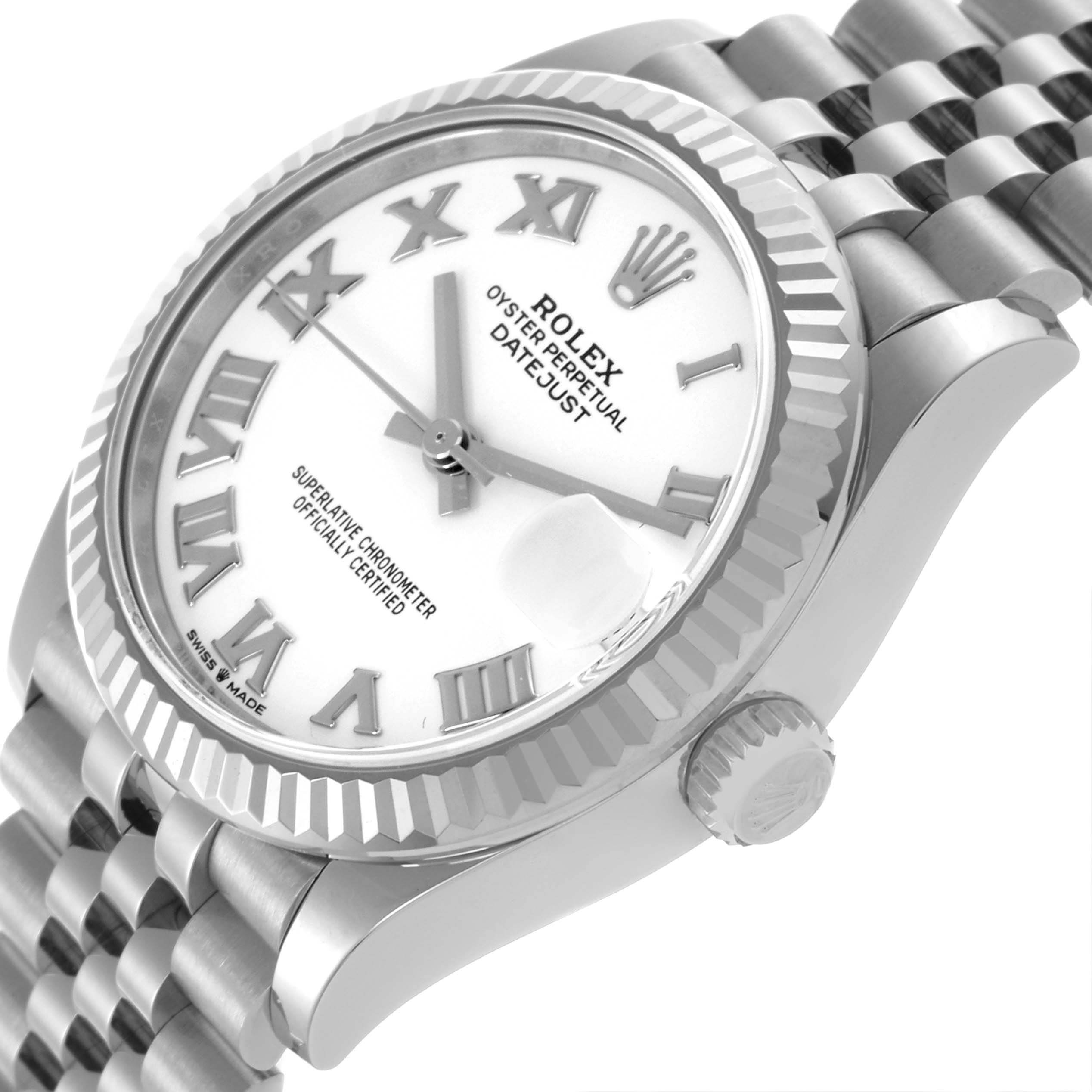 The Rolex Mid-Size 278274 Women's Stainless Steel White Dial 278274 Women's Stainless Steel White Dial watch is shown at an angled side view, highlighting the bezel, dial, crown, and bracelet.
