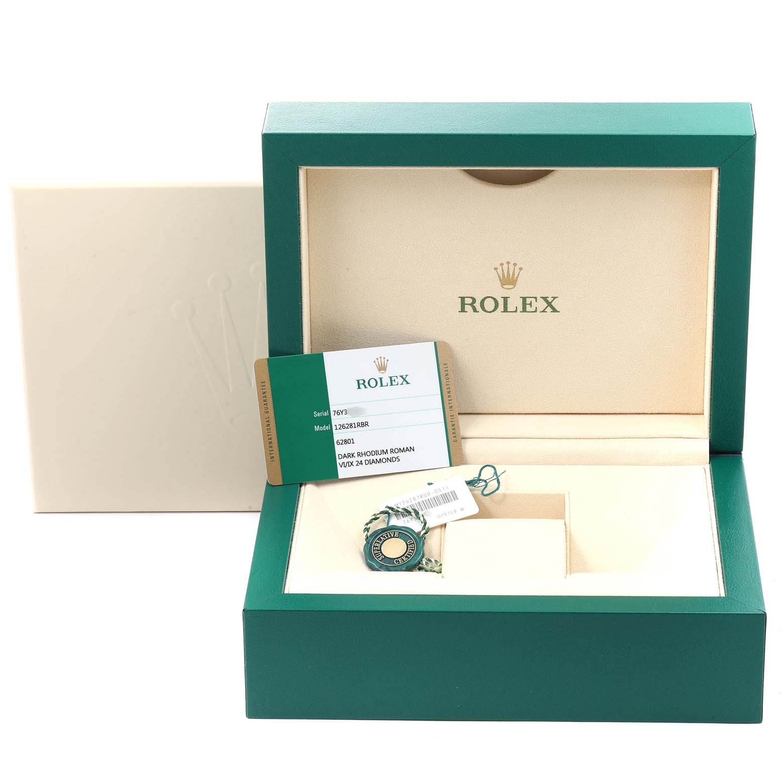 A Datejust model by Rolex is shown with its green and cream watch box, tag, and Best Quality
ity card.