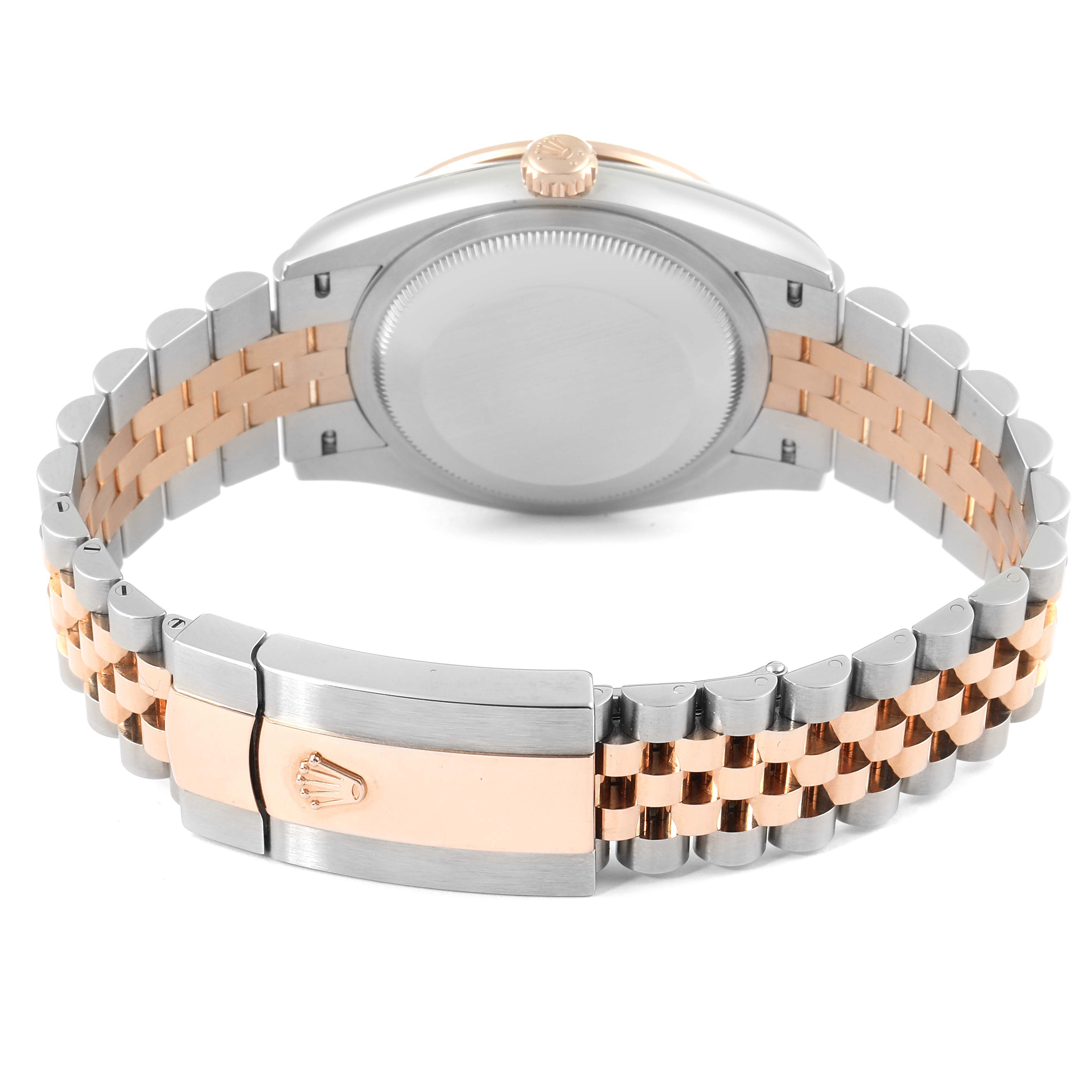 This image shows the back view of a Rolex Datejust 126281 Men
s Steel and Gold (two tone) Grey Dial 126281 Men
s Steel and Gold (two tone) Grey Dial with a two-tone bracelet and clasp.