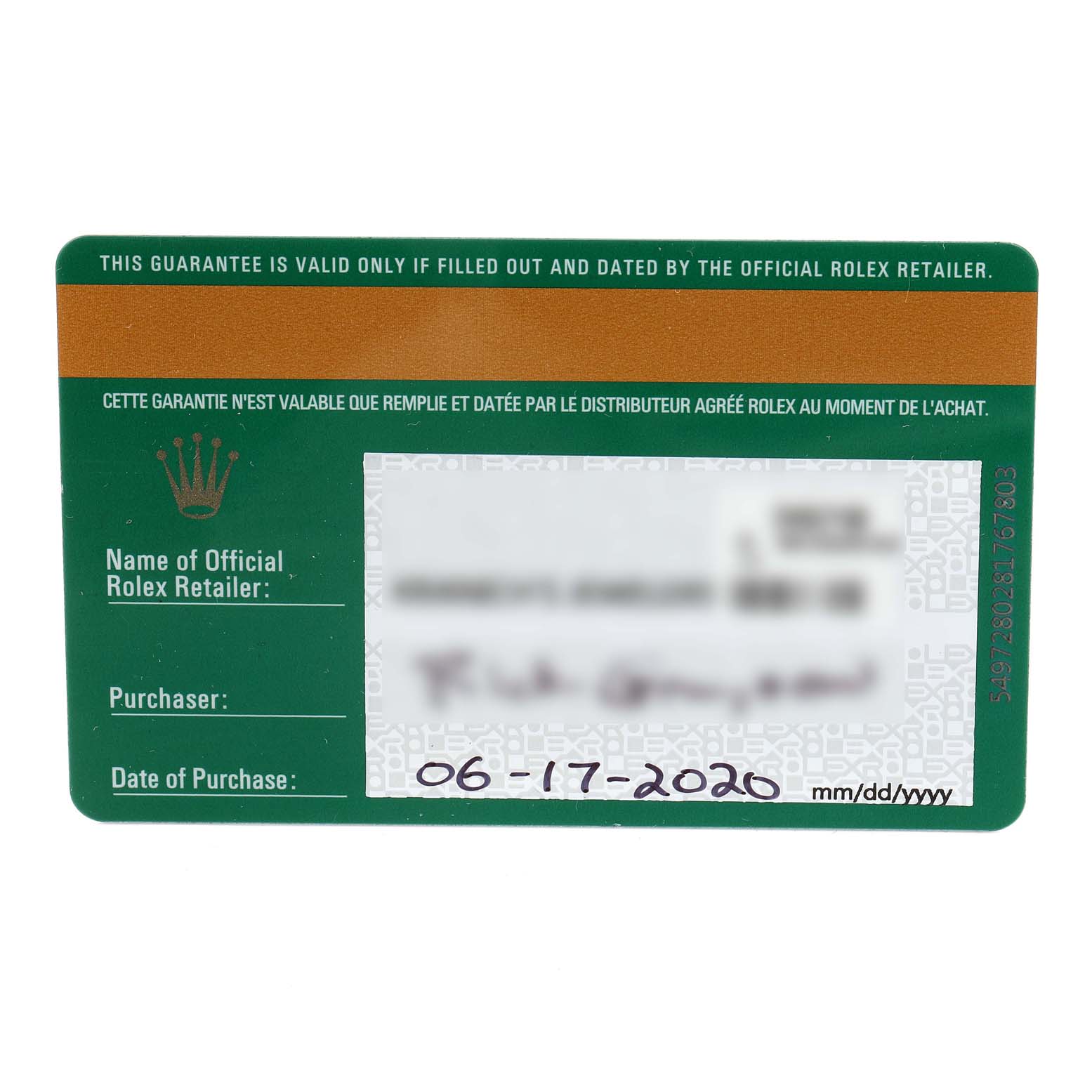 This image shows the guarantee card for the Rolex Datejust 126281 Men
s Steel and Gold (two tone) Grey Dial 126281 Men
s Steel and Gold (two tone) Grey Dial model, including purchase and retailer details.