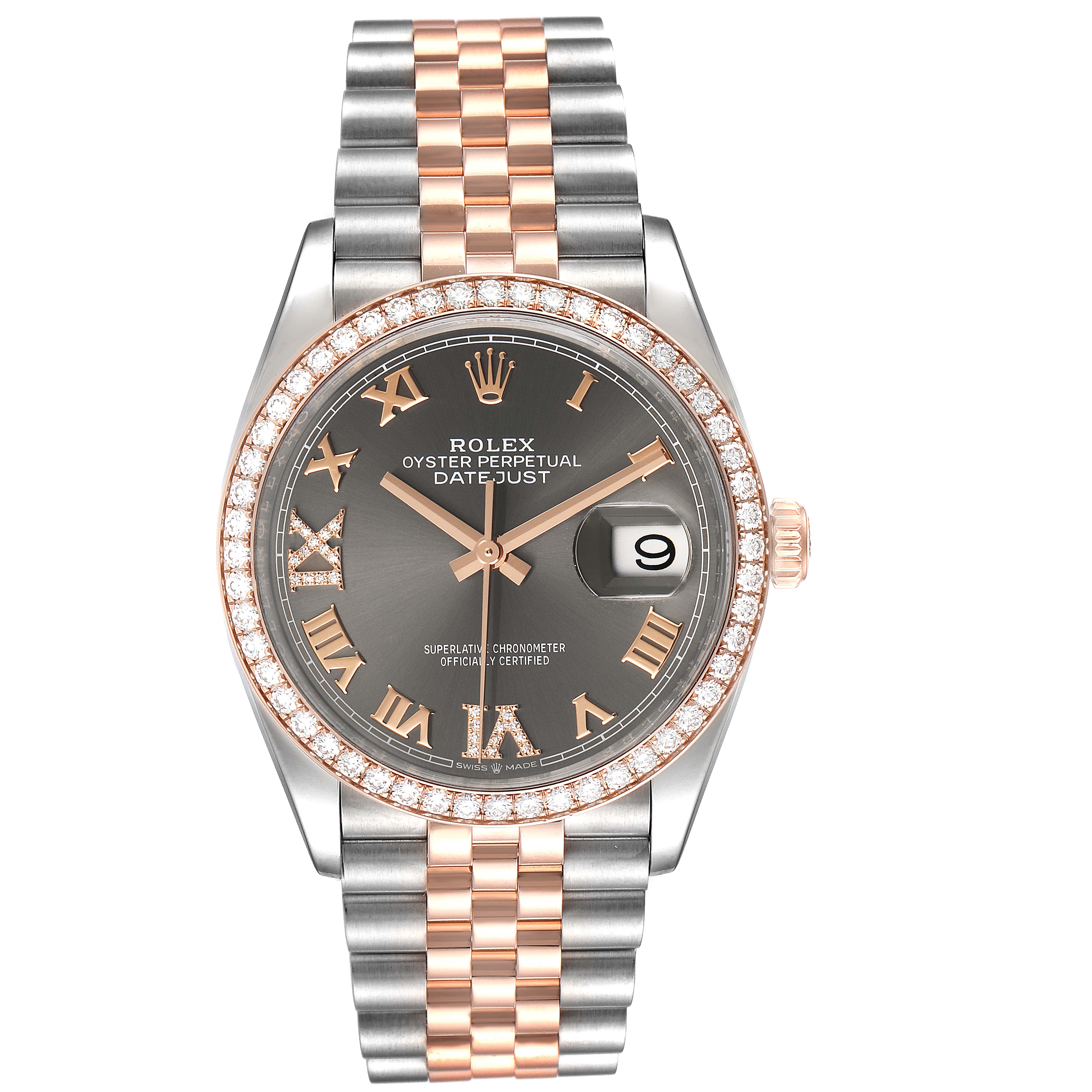 This image shows a front view of the Rolex Datejust 126281 Men
s Steel and Gold (two tone) Grey Dial 126281 Men
s Steel and Gold (two tone) Grey Dial watch displaying the dial, bezel, and bracelet.