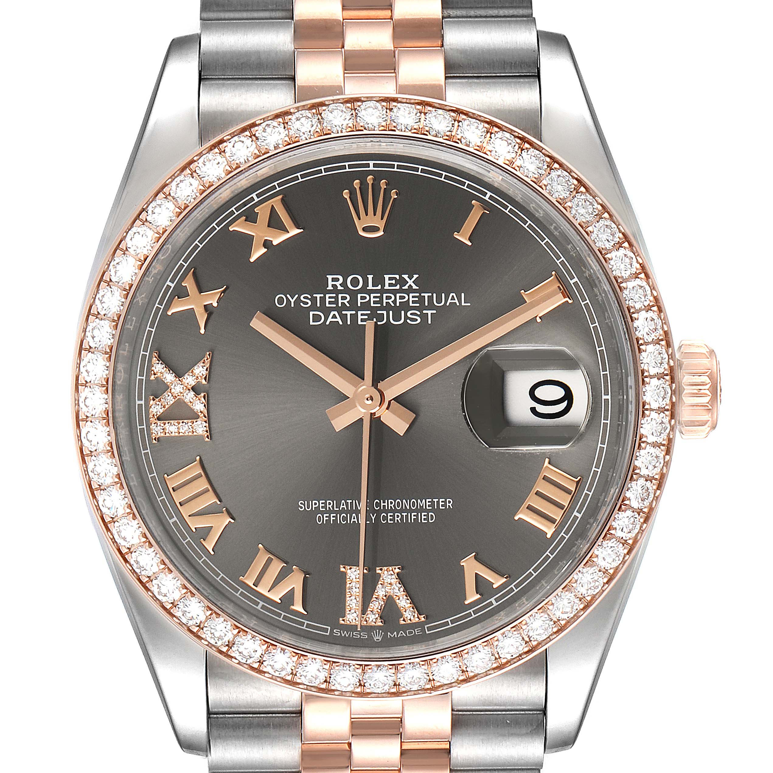 This image shows a frontal view of the Rolex Datejust 126281 Men
s Steel and Gold (two tone) Grey Dial 126281 Men
s Steel and Gold (two tone) Grey Dial watch, displaying the dial, bezel, hands, crown, and part of the bracelet.