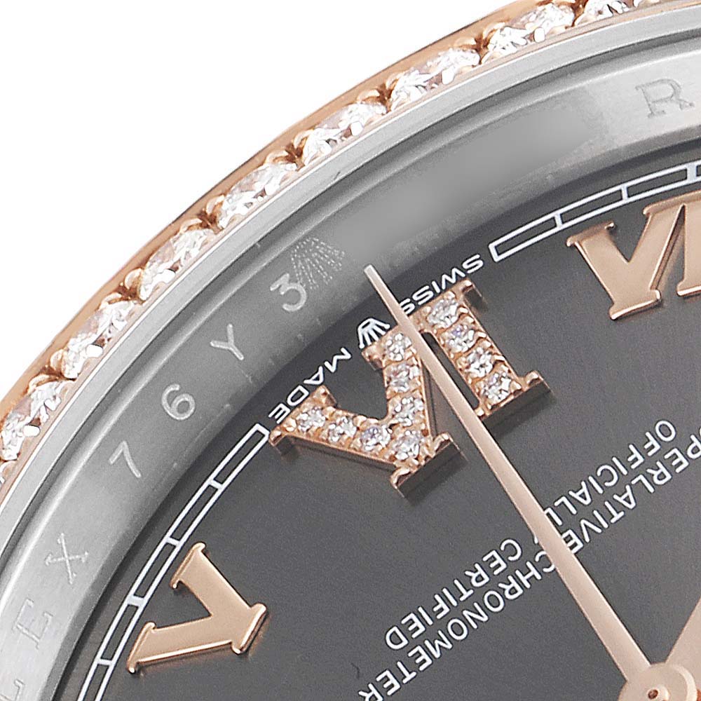 This image shows a close-up of the dial, bezel, and Roman numeral markers of a Rolex Datejust 126281 Men
s Steel and Gold (two tone) Grey Dial 126281 Men
s Steel and Gold (two tone) Grey Dial watch, highlighting the diamonds and craftsmanship.