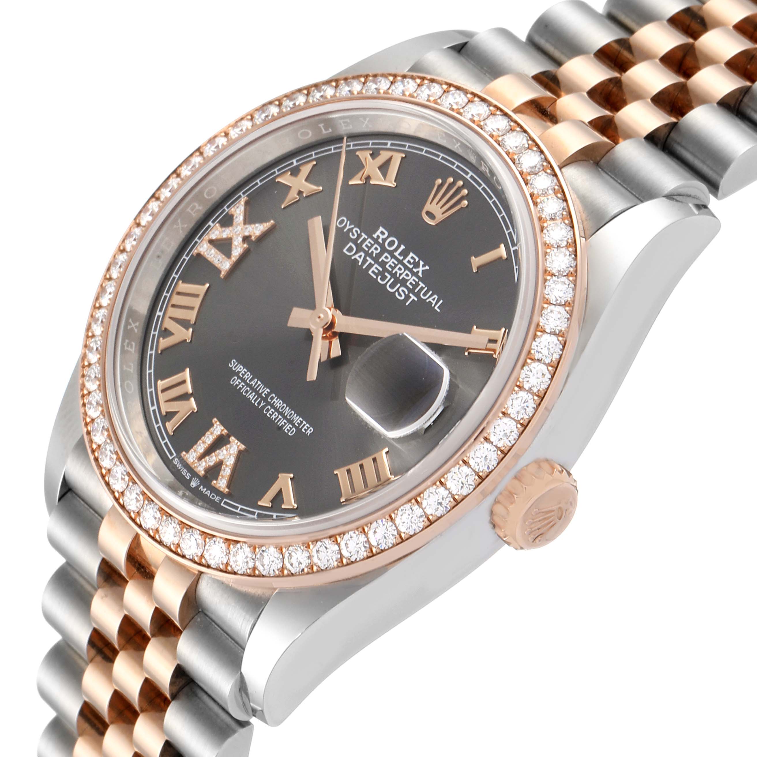 The image shows a close-up of the Rolex Datejust 126281 Men
s Steel and Gold (two tone) Grey Dial 126281 Men
s Steel and Gold (two tone) Grey Dial watch, highlighting its face, bezel, crown, and part of the bracelet.