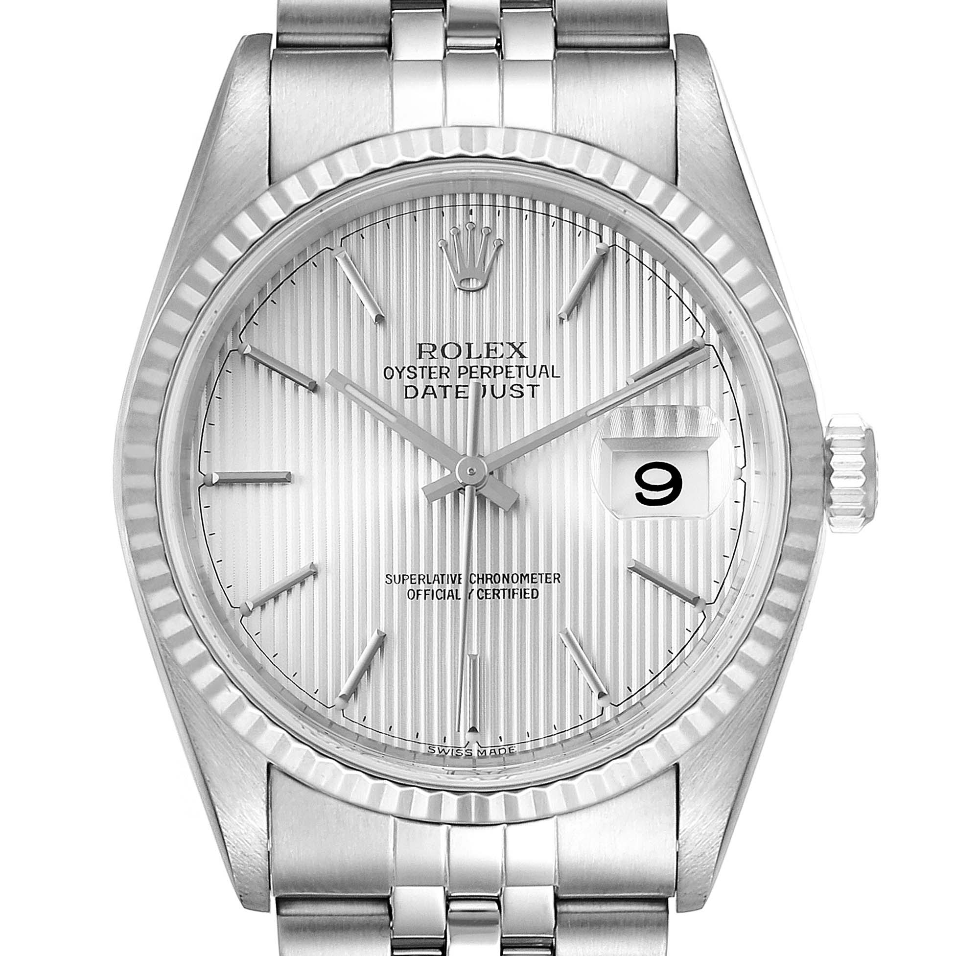 The image displays a head-on view of a Rolex Datejust 16234 Men
s Stainless Steel Silver Dial 16234 Men
s Stainless Steel Silver Dial watch, highlighting its dial, bezel, crown, and part of the bracelet.